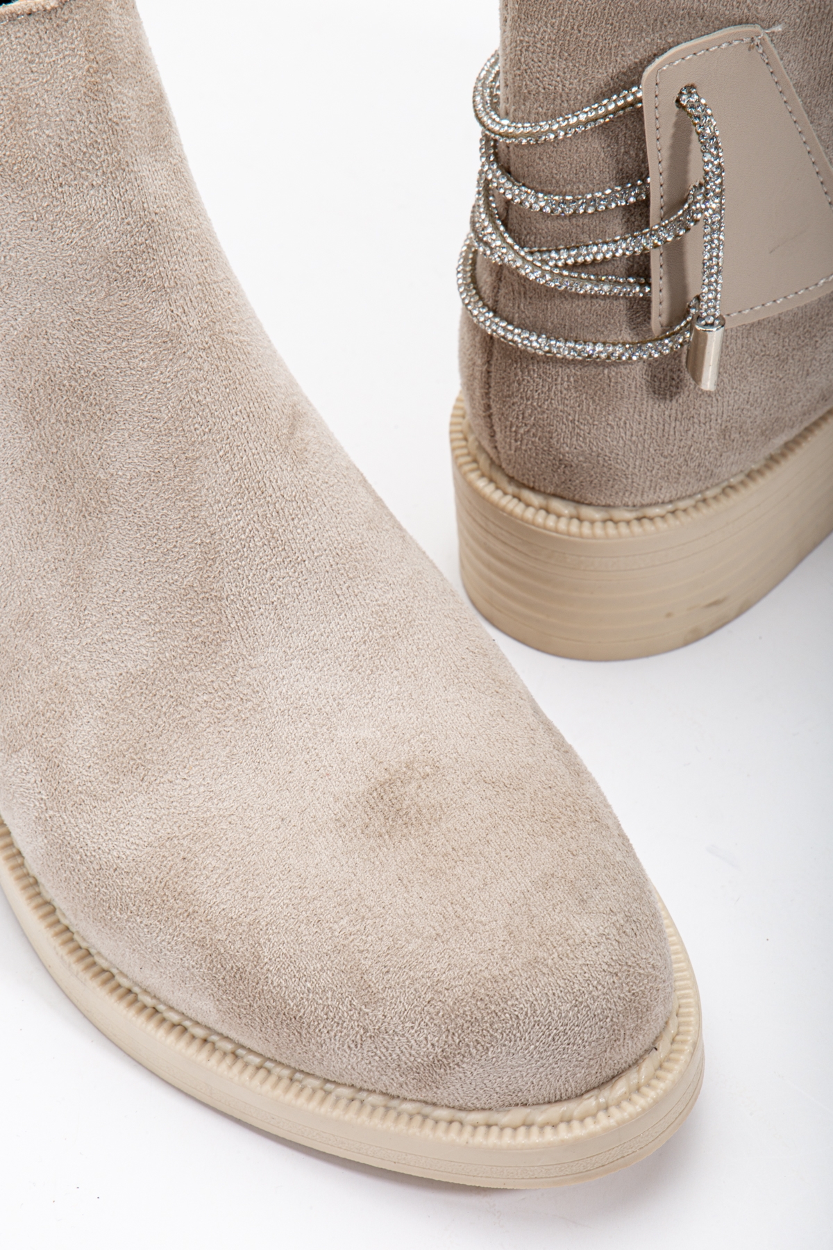Kadın Ten Süet Termo Taban Arkası Taşlı İp Geçişli Fermuarlı Kısa Topuklu Bot - Görsel 5
