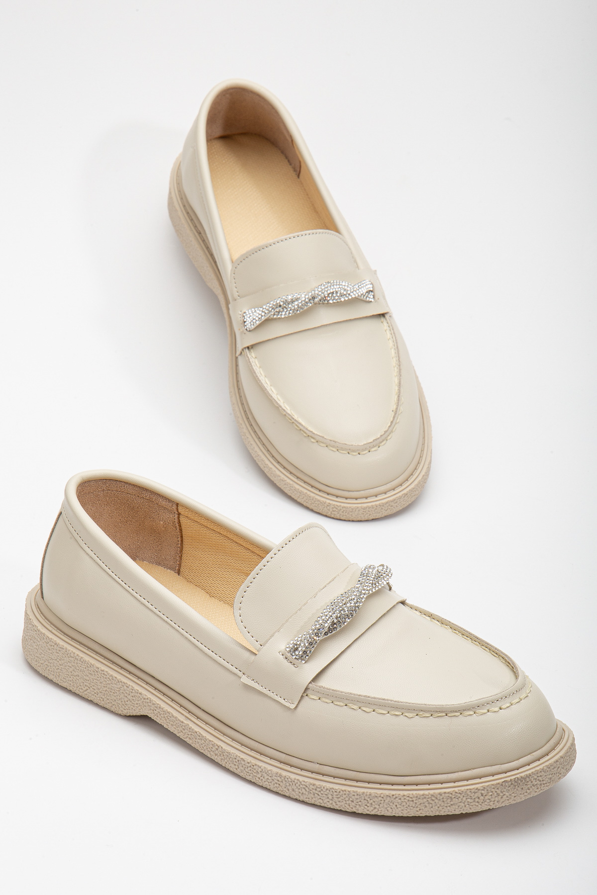 Kadın Ten Cilt Rahat Kalıp Önü Sarmal Taşlı Günlük Loafer - Görsel 2