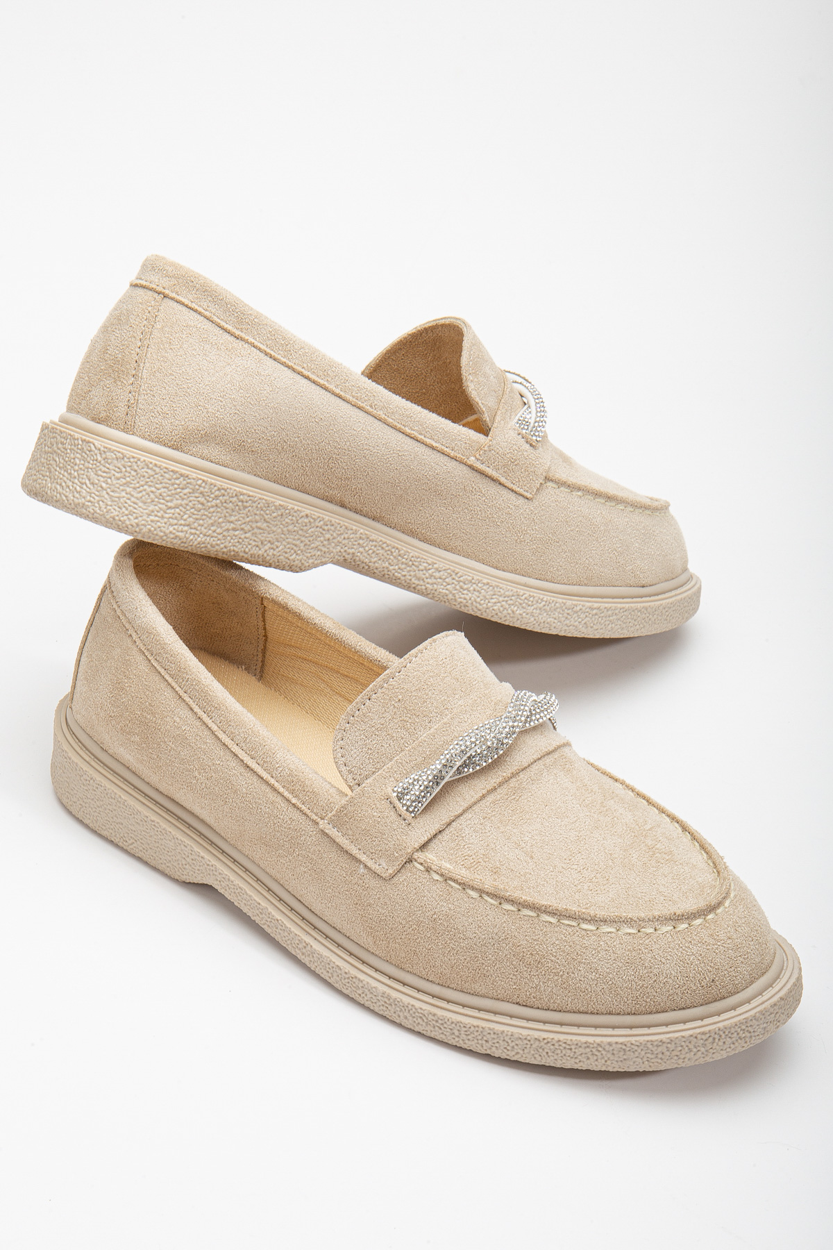Kadın Ten Süet Rahat Kalıp Önü Sarmal Taşlı Günlük Loafer - Görsel 2