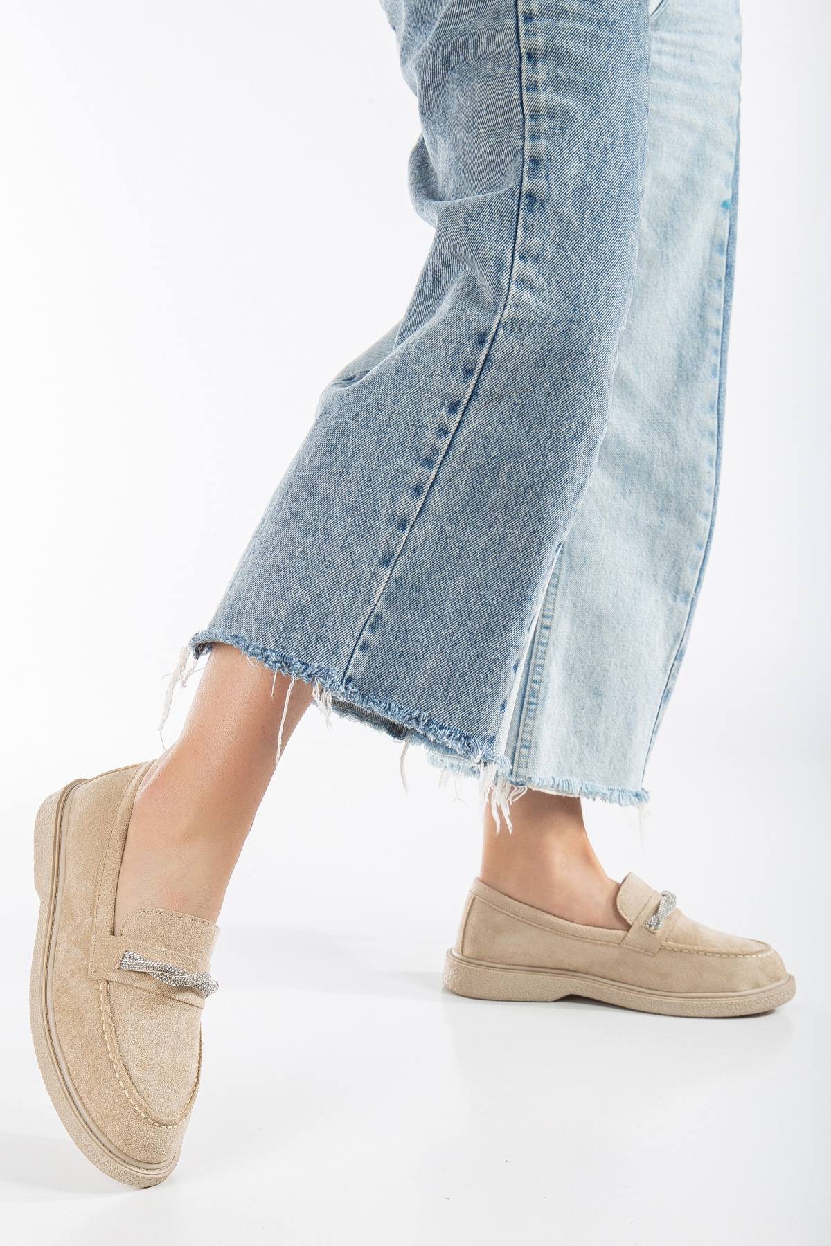 Kadın Ten Süet Rahat Kalıp Önü Sarmal Taşlı Günlük Loafer - Görsel 3