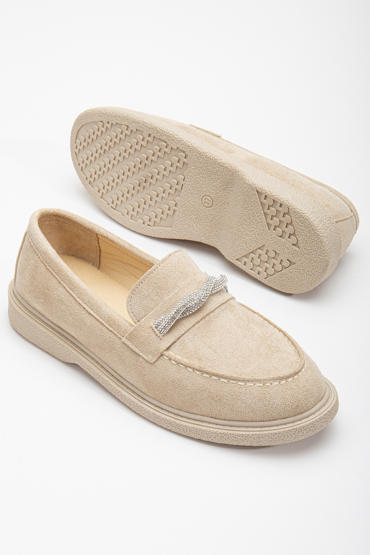 Kadın Ten Süet Rahat Kalıp Önü Sarmal Taşlı Günlük Loafer - Görsel 5