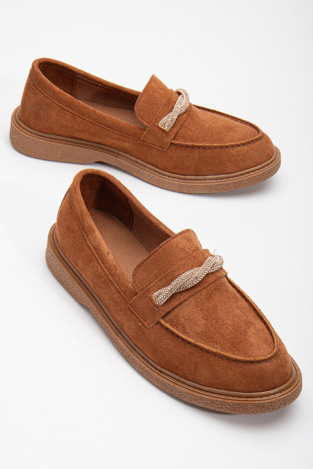 Kadın Taba Süet Rahat Kalıp Önü Sarmal Taşlı Günlük Loafer - Görsel 2