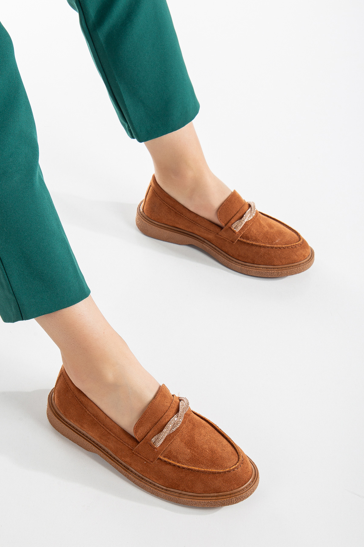 Kadın Taba Süet Rahat Kalıp Önü Sarmal Taşlı Günlük Loafer - Görsel 3
