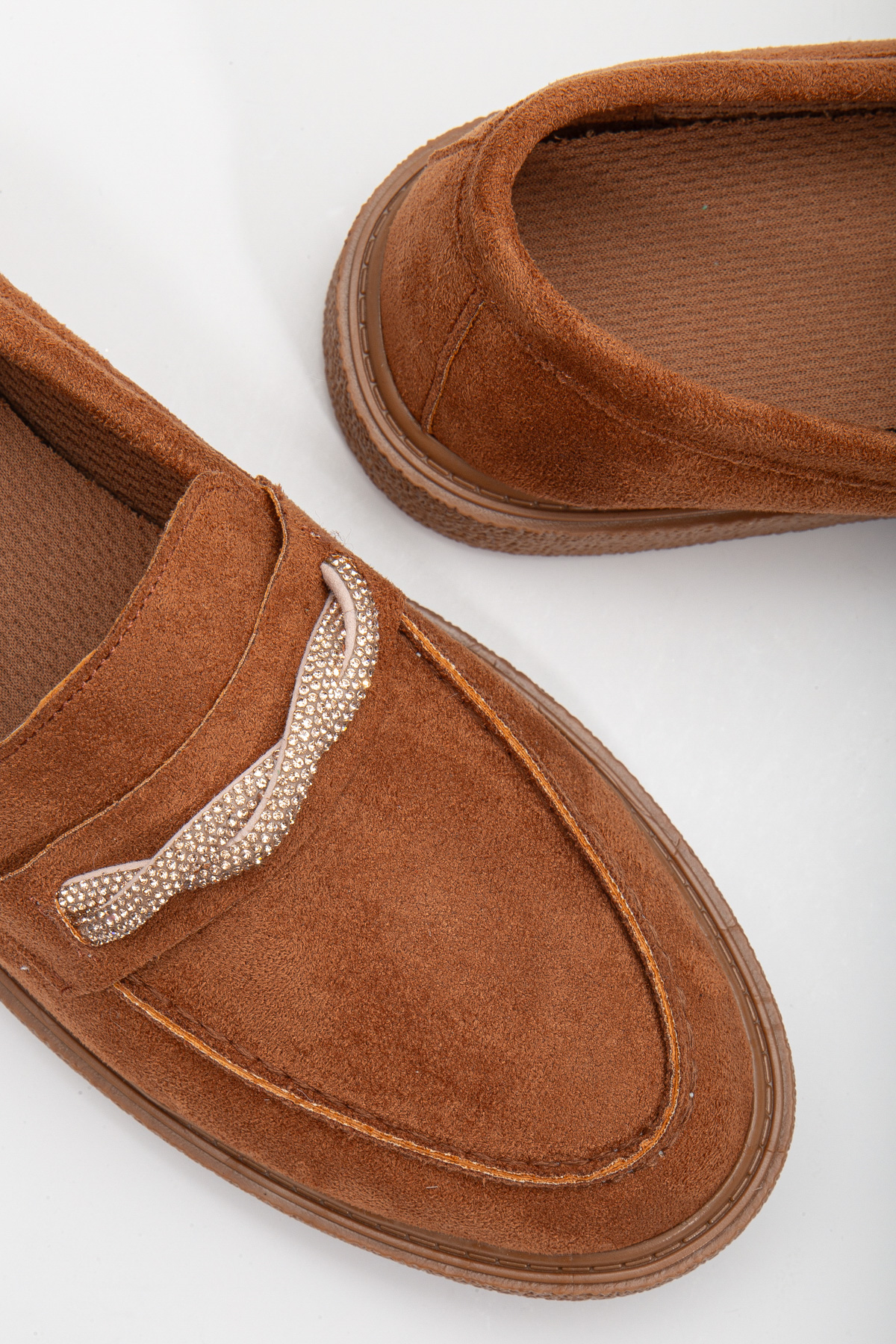 Kadın Taba Süet Rahat Kalıp Önü Sarmal Taşlı Günlük Loafer - Görsel 4