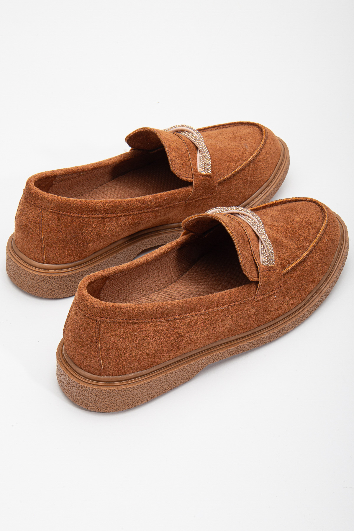 Kadın Taba Süet Rahat Kalıp Önü Sarmal Taşlı Günlük Loafer - Görsel 5