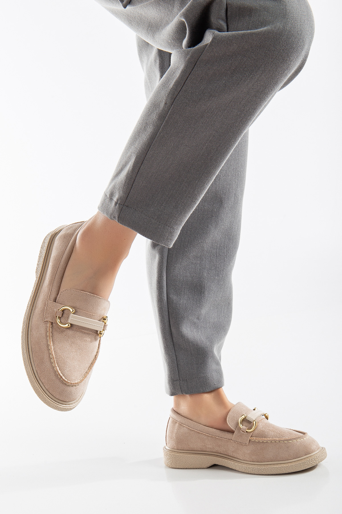 Kadın Ten Süet Rahat Kalıp Önü Tokalı Günlük Loafer - Görsel 3