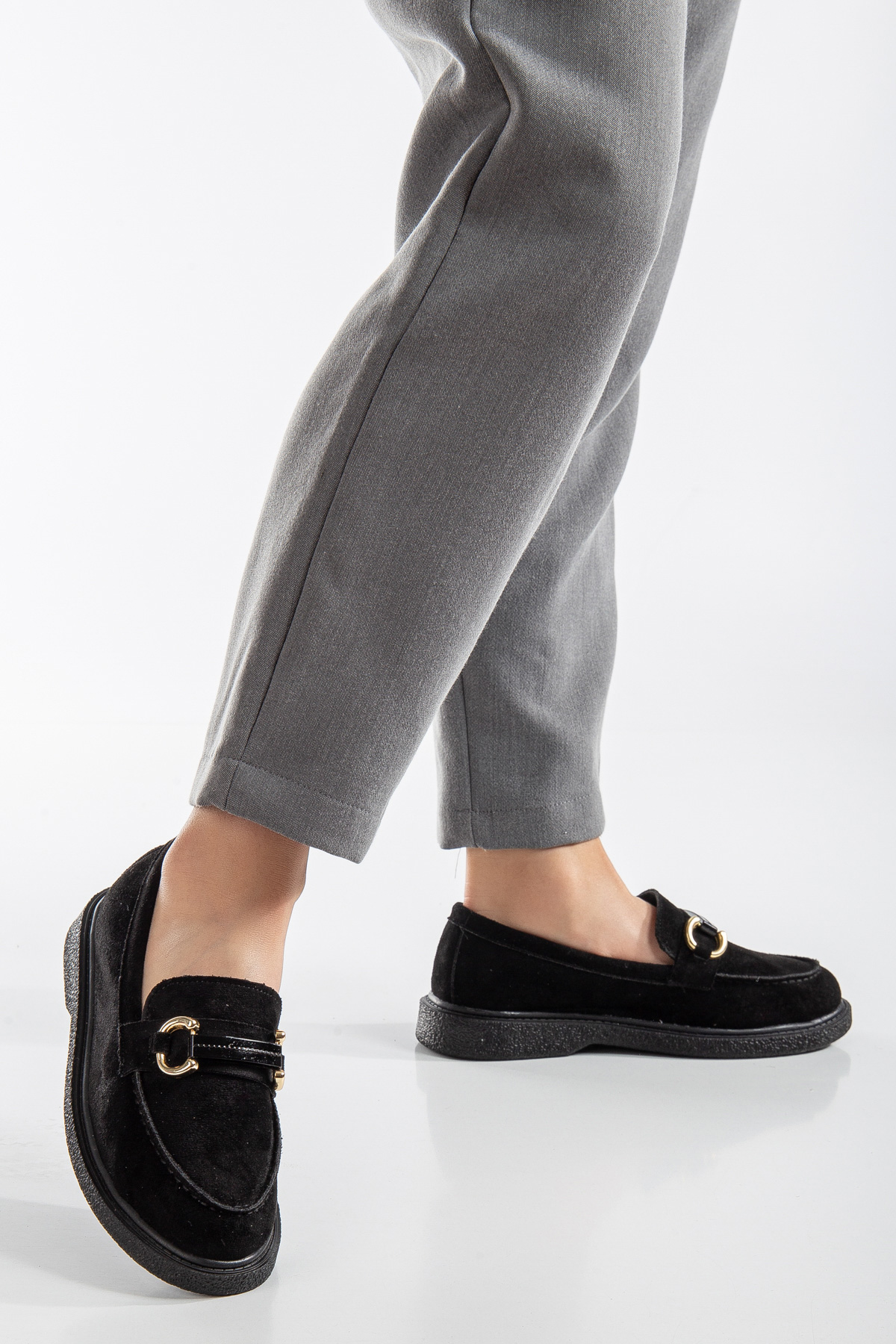 Kadın Siyah Süet Rahat Kalıp Önü Tokalı Günlük Loafer - Görsel 2