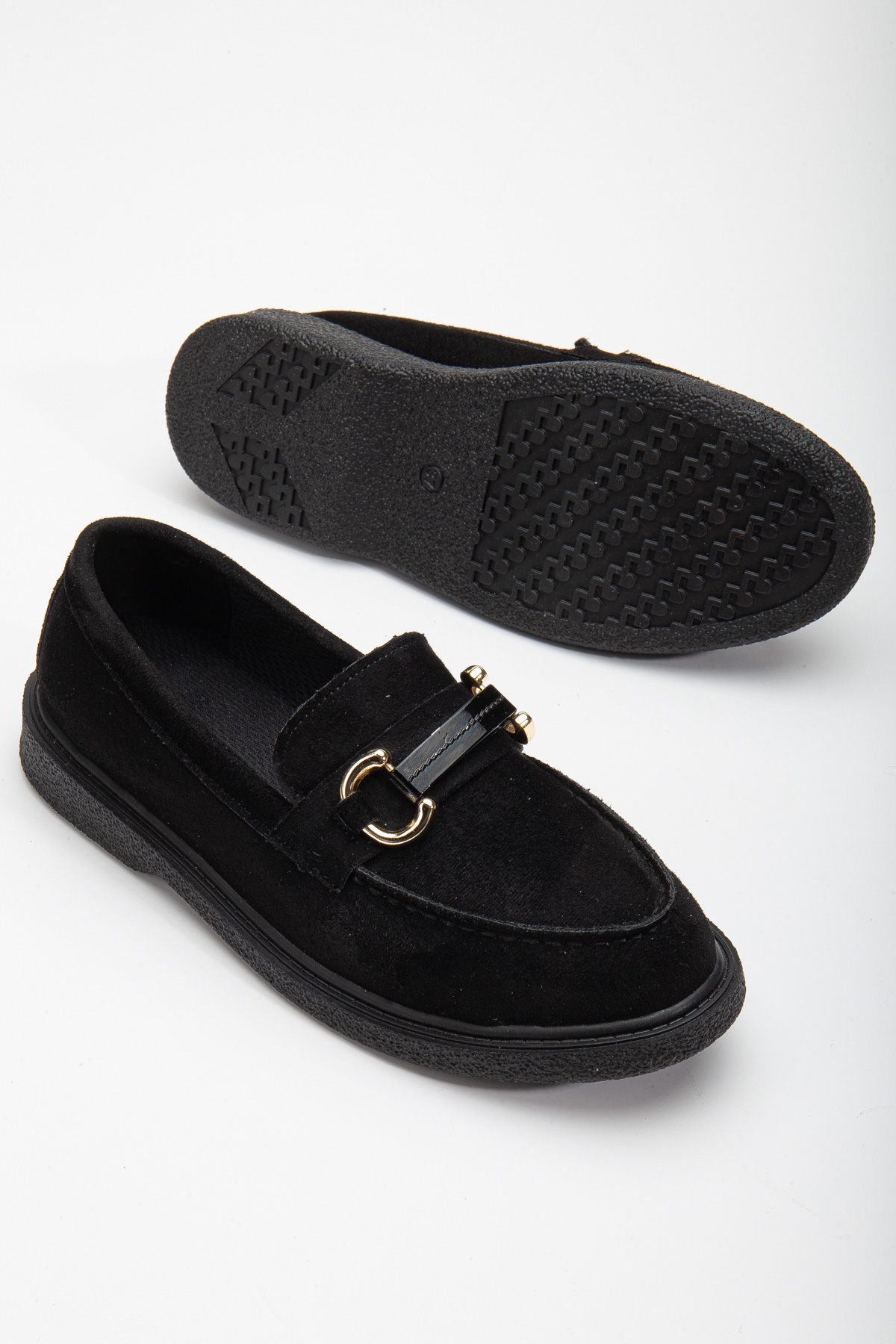 Kadın Siyah Süet Rahat Kalıp Önü Tokalı Günlük Loafer - Görsel 4