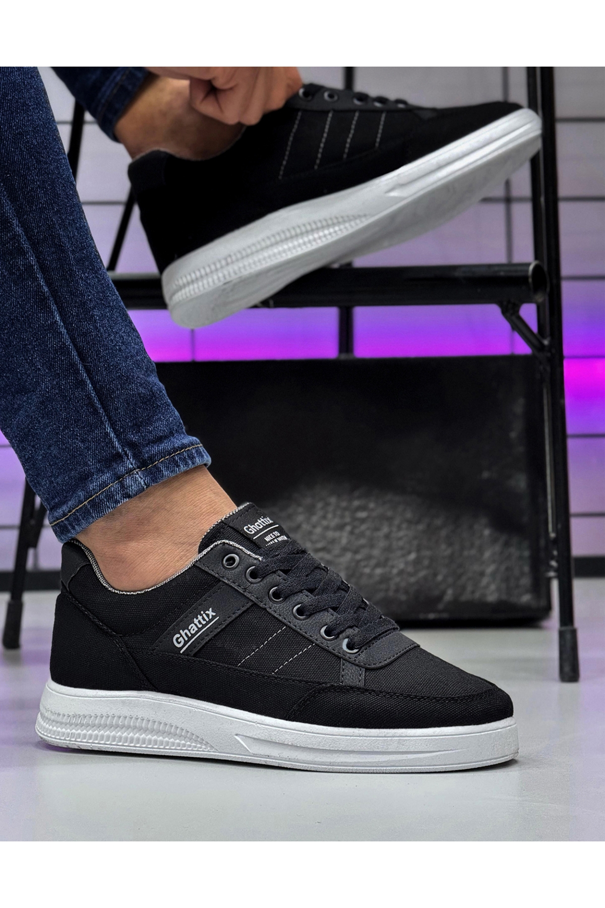 Erkek Keten Sneaker Ayakkabı Siyah Siyah - Görsel 2