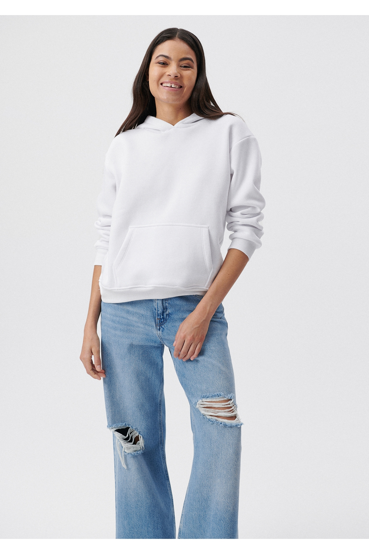 Kapüşonlu Beyaz Basic Sweatshirt