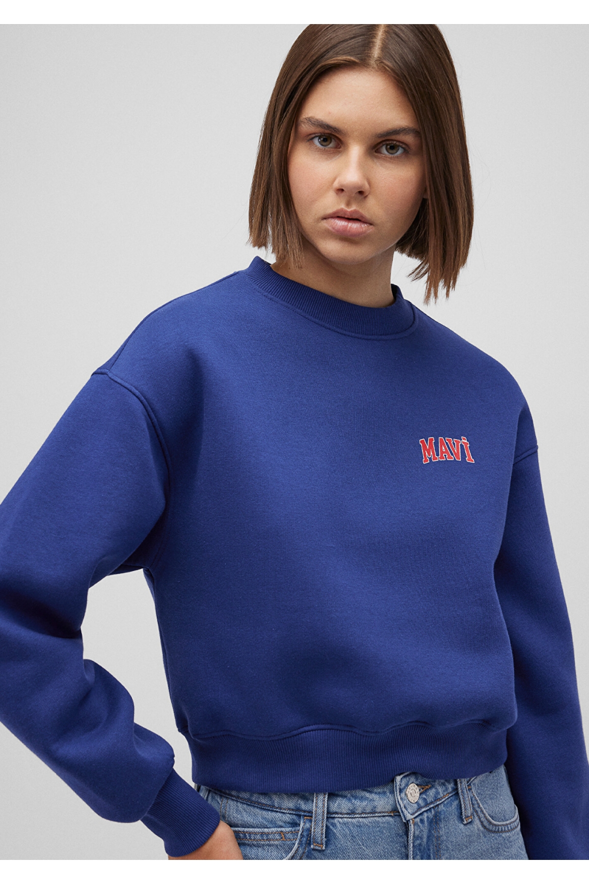 Logo Baskılı Lacivert Crop Sweatshirt