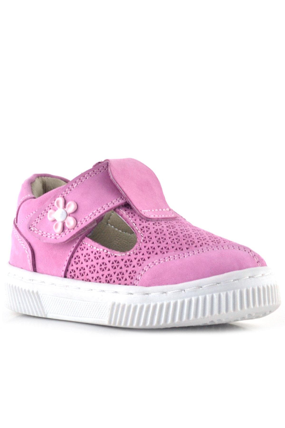 Bheem Hakiki Deri Pembe Cırtlı Çiçek Detaylı Bebek Sandalet - Görsel 2