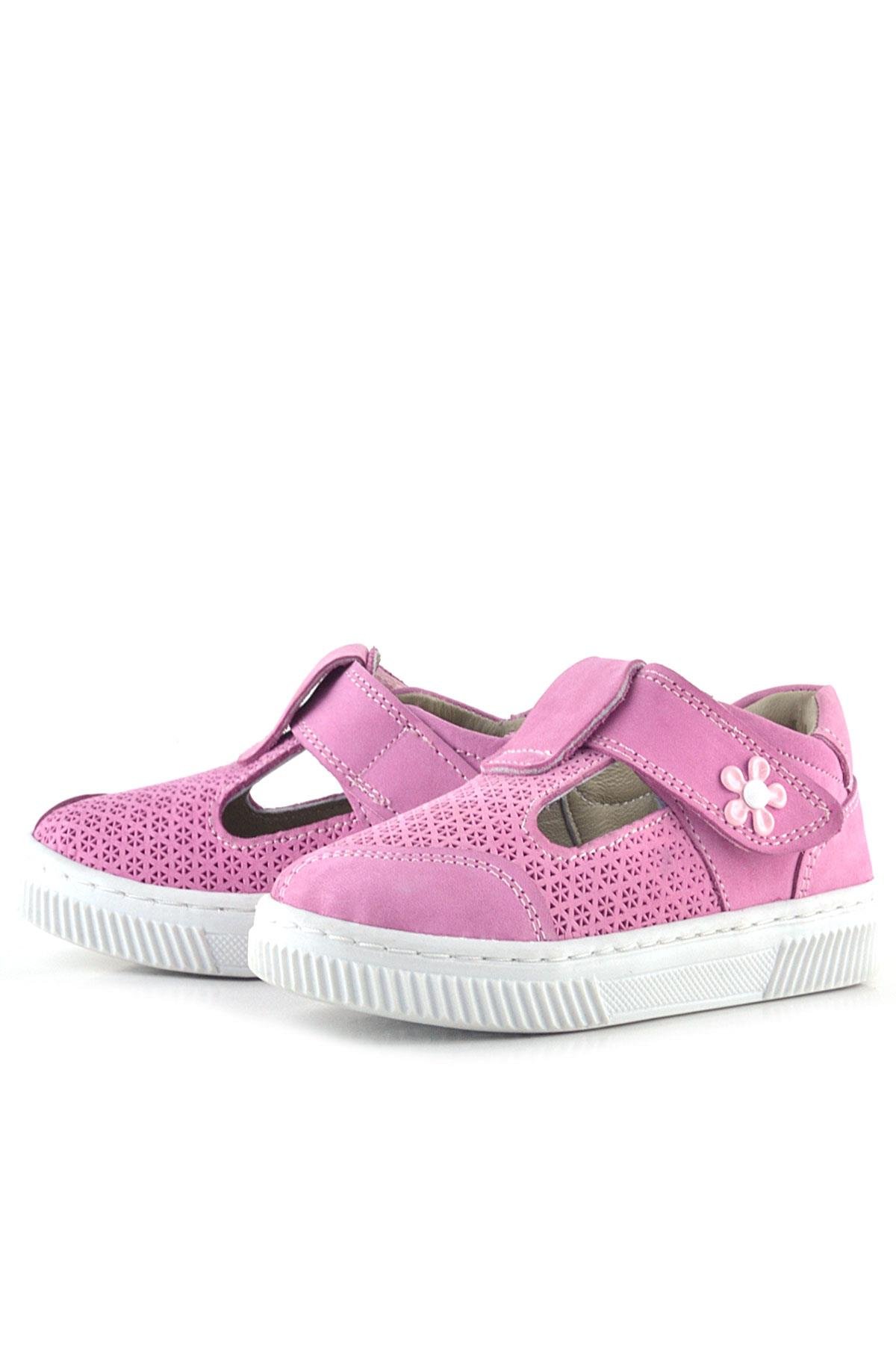 Bheem Hakiki Deri Pembe Cırtlı Çiçek Detaylı Bebek Sandalet - Görsel 5
