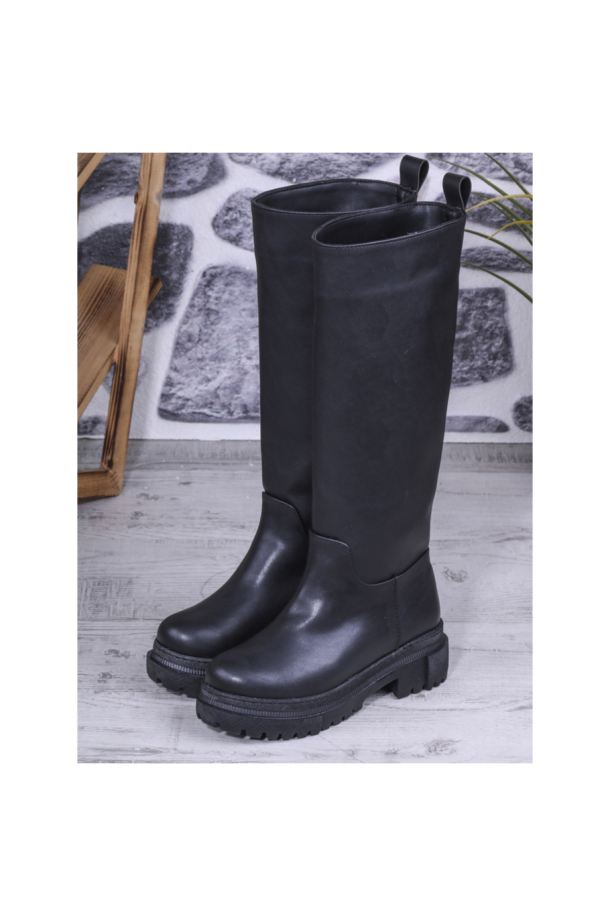 Düz Suni Deri Diz Altı Kadın Çizme Siyah - Görsel 2