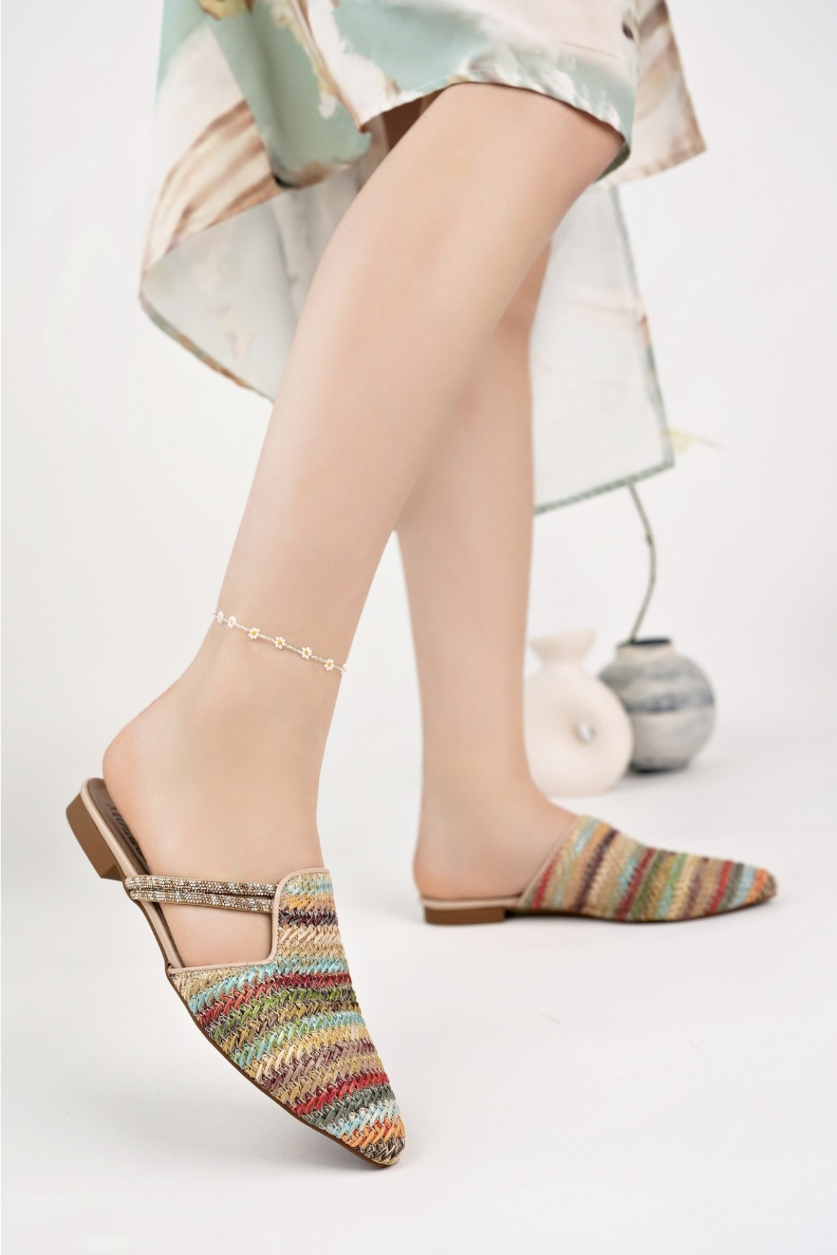 JAYLİN Önü Kapalı Kadın Taşlı Günlük Hasır Terlik - Görsel 7