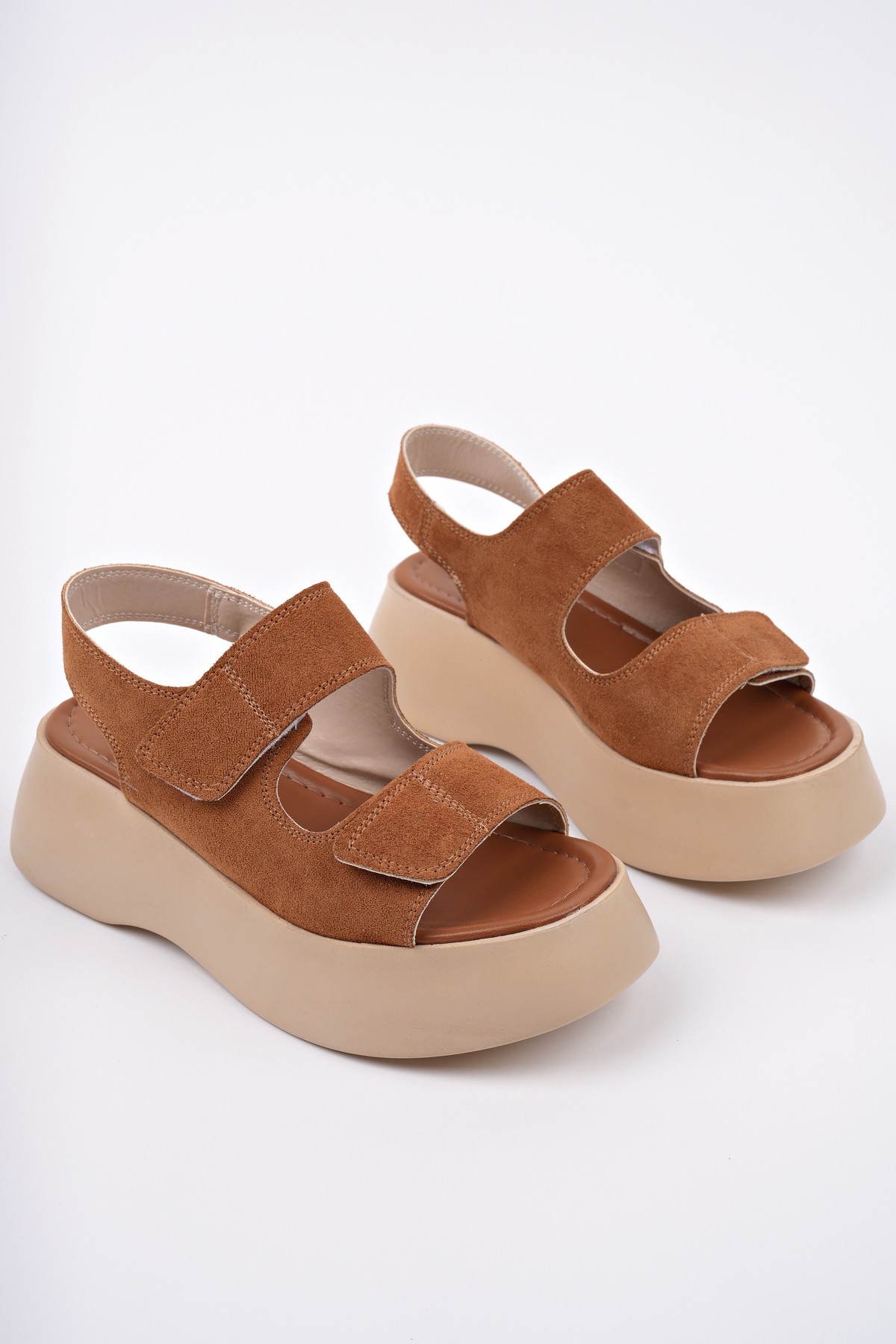 Muggo Muggo NANSHE Kalın Taban Çift Bantlı Cırtlı Günlük Kadın Sandalet Flo'da! Taba - 2. görsel