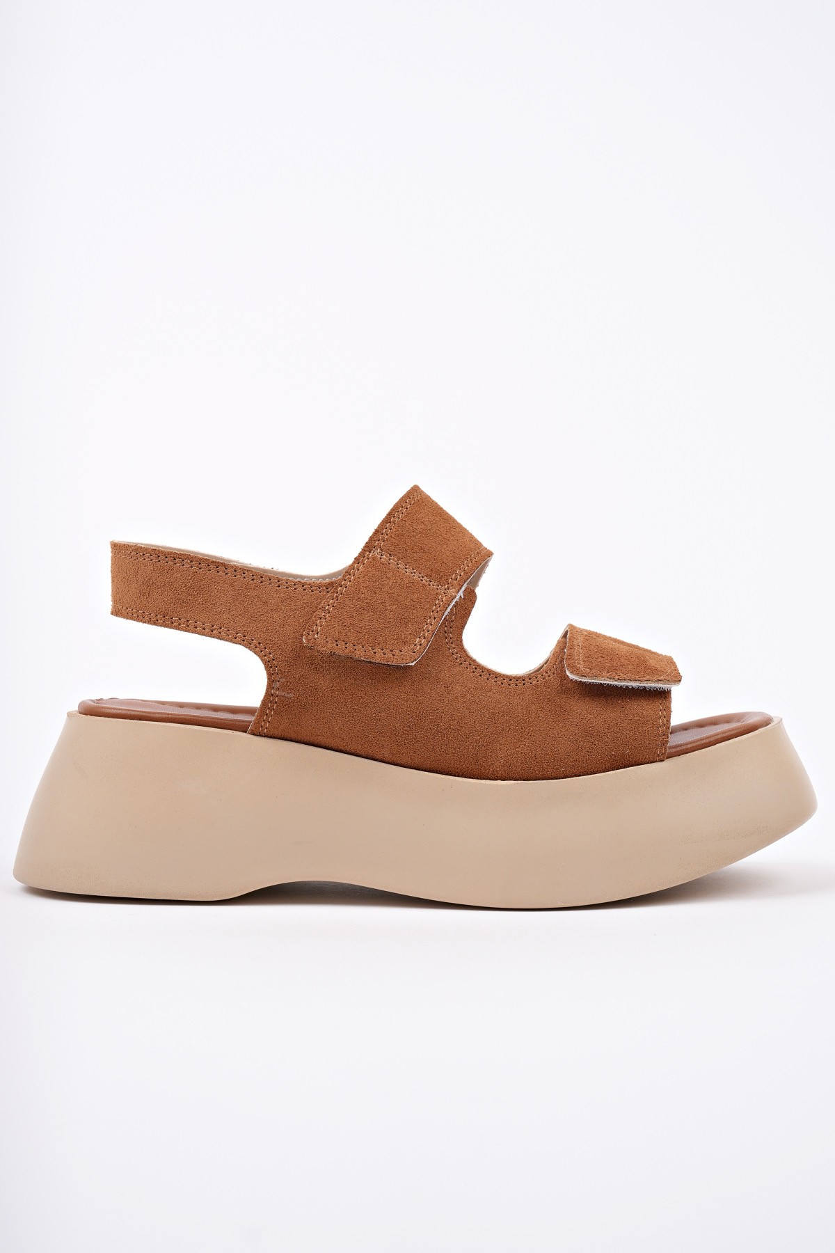 Muggo Muggo NANSHE Kalın Taban Çift Bantlı Cırtlı Günlük Kadın Sandalet Flo'da! Taba - 4. görsel