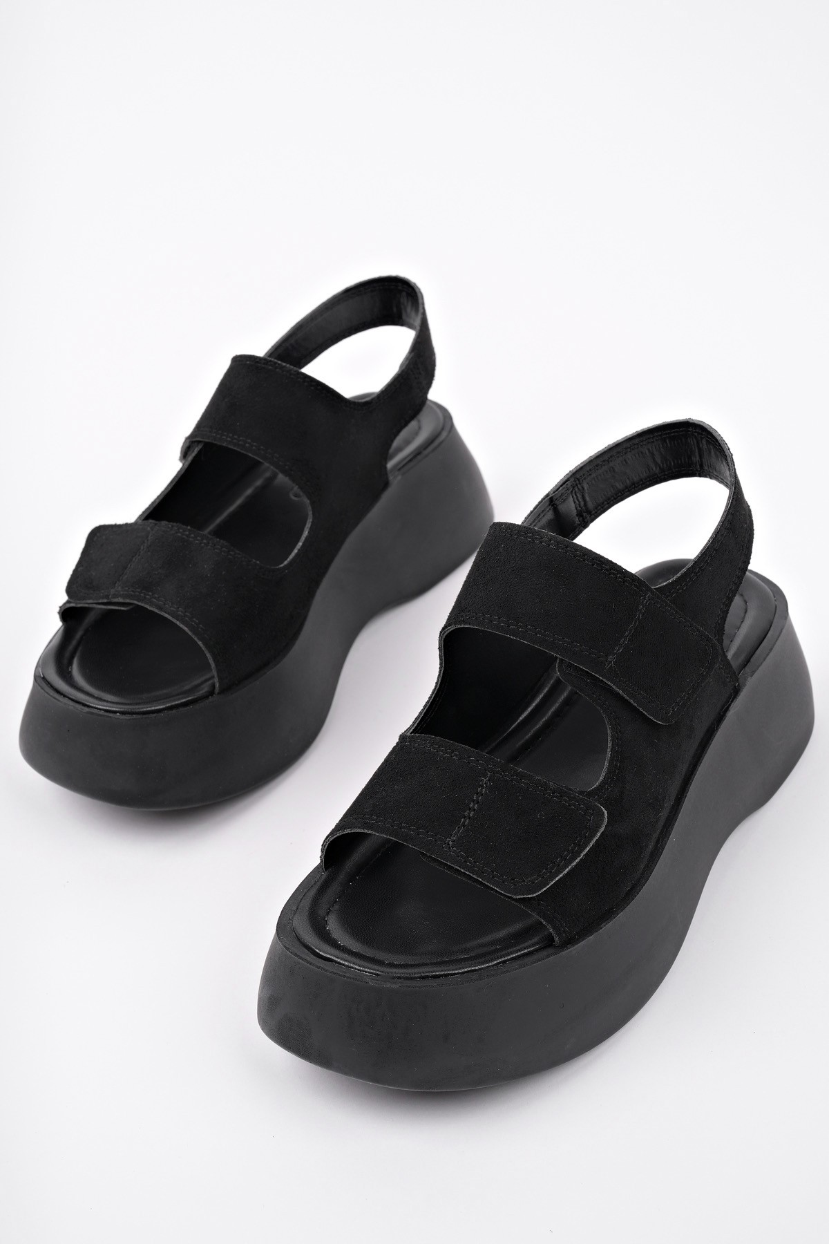 Muggo NANSHE Kalın Taban Çift Bantlı Cırtlı Günlük Kadın Sandalet - Görsel 6