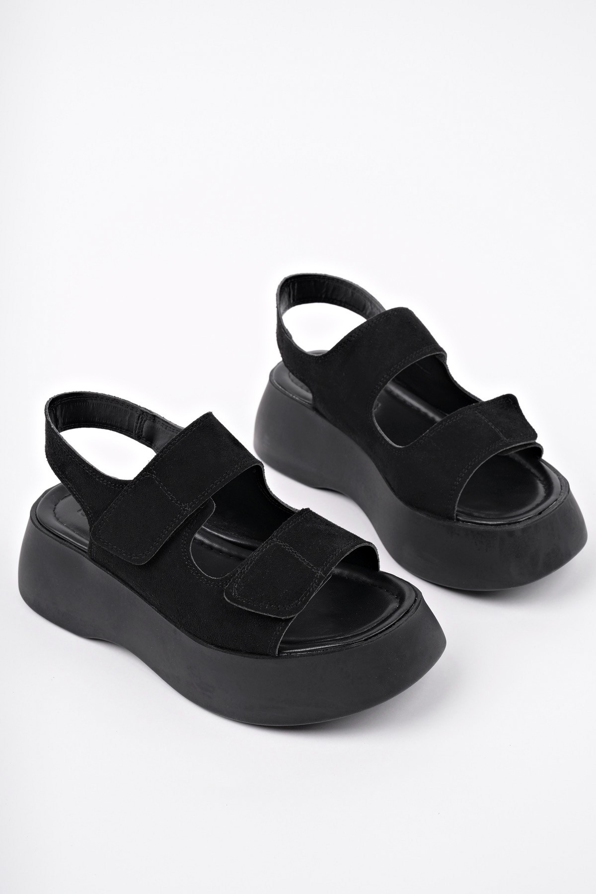 Muggo NANSHE Kalın Taban Çift Bantlı Cırtlı Günlük Kadın Sandalet - Görsel 7