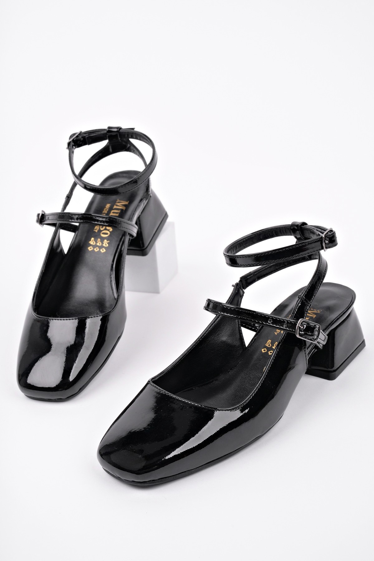 CHOPRA Kare Burun Çift Kemerli Bilekten Bağlamalı Arkası Açık Kısa Topuklu Ayakkabı - Görsel 7