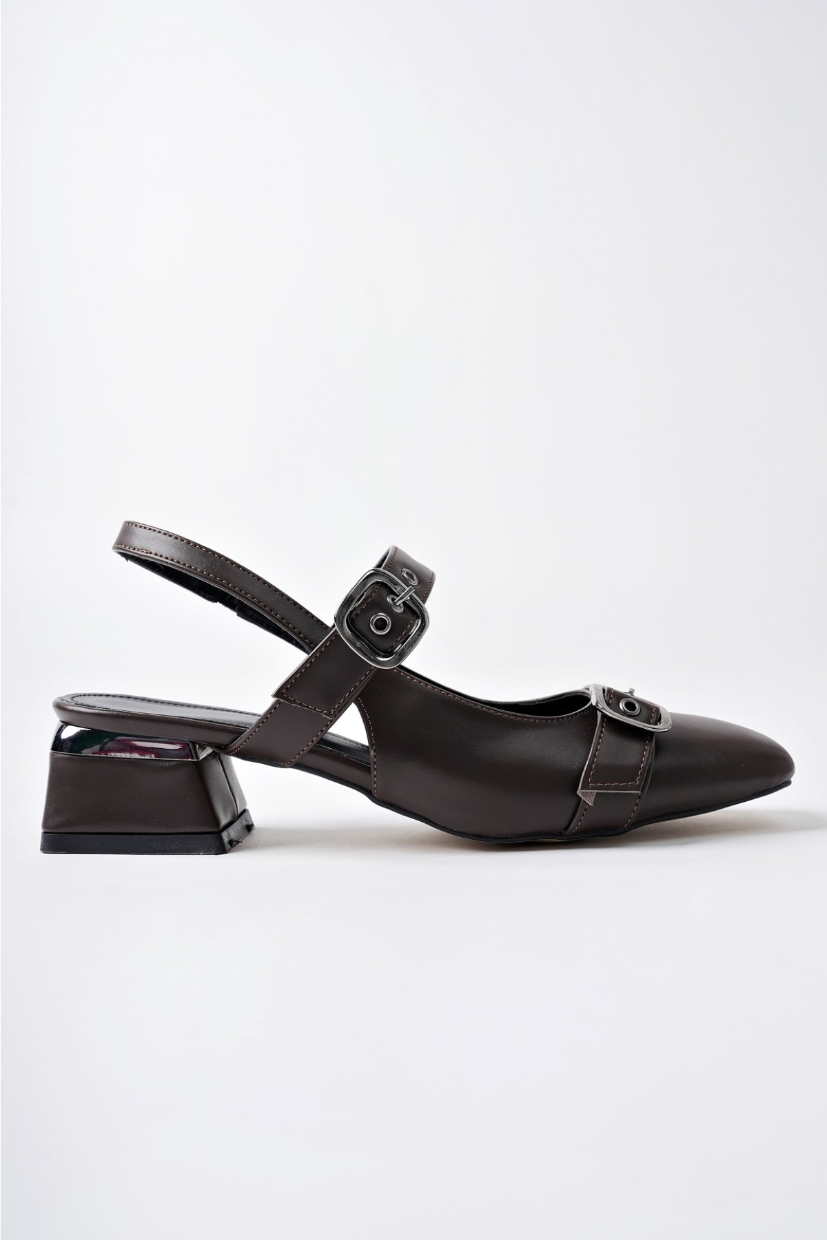 YUQİ Arkası Açık Küt Burun Çift Kemerli Kadın Günlük Klasik Kısa Topuklu Ayakkabı - Görsel 4