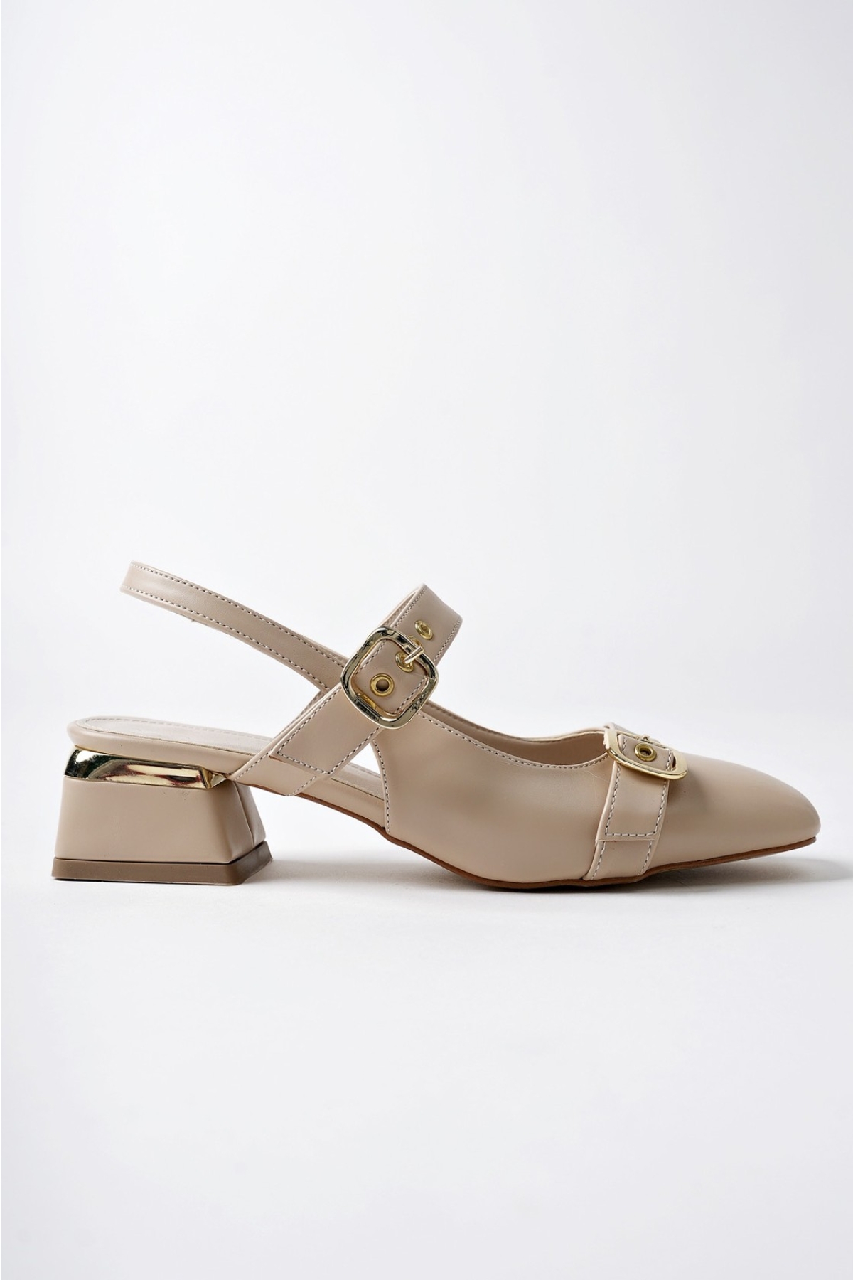 YUQİ Arkası Açık Küt Burun Çift Kemerli Kadın Günlük Klasik Kısa Topuklu Ayakkabı - Görsel 2