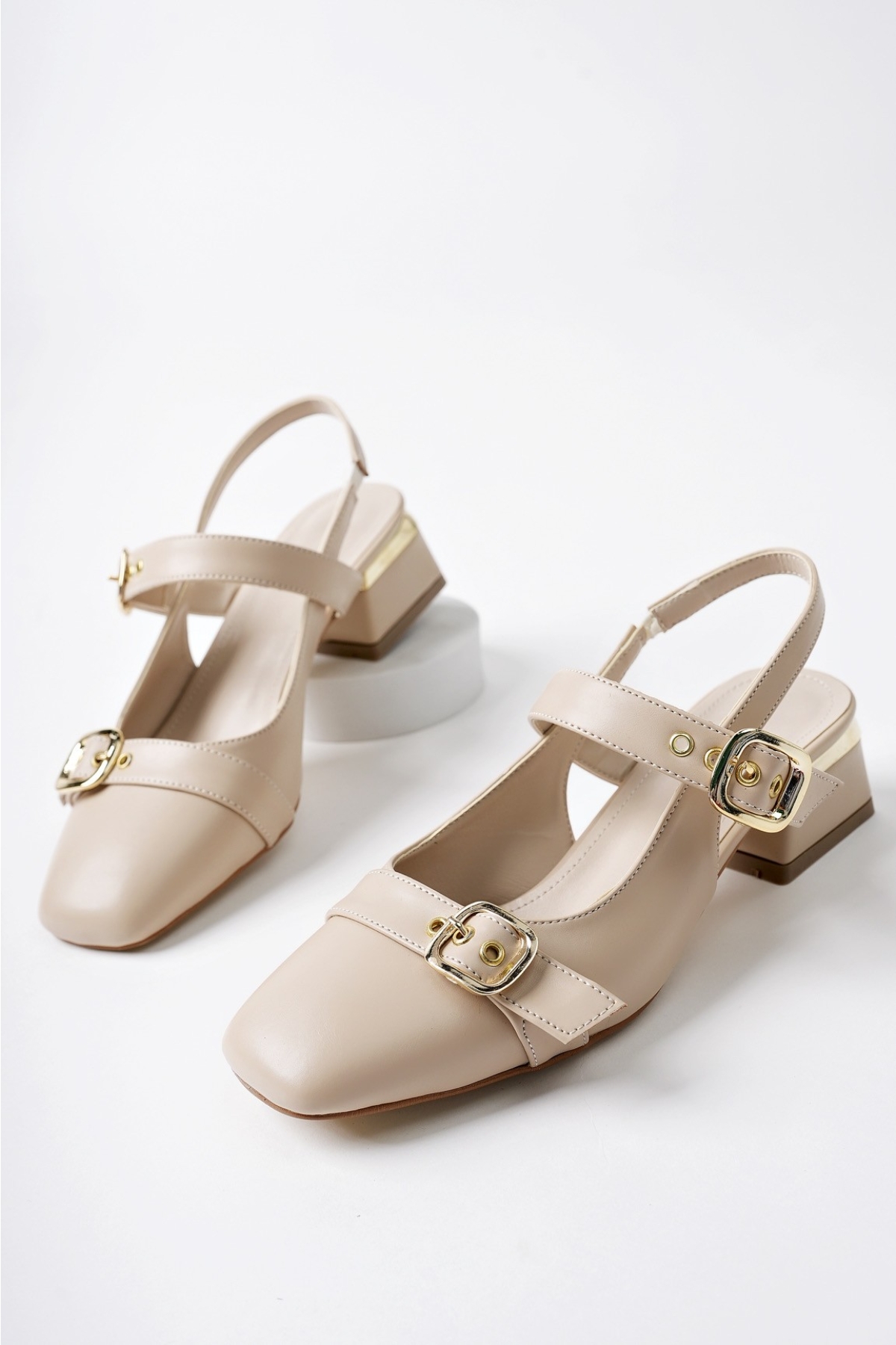 YUQİ Arkası Açık Küt Burun Çift Kemerli Kadın Günlük Klasik Kısa Topuklu Ayakkabı - Görsel 4