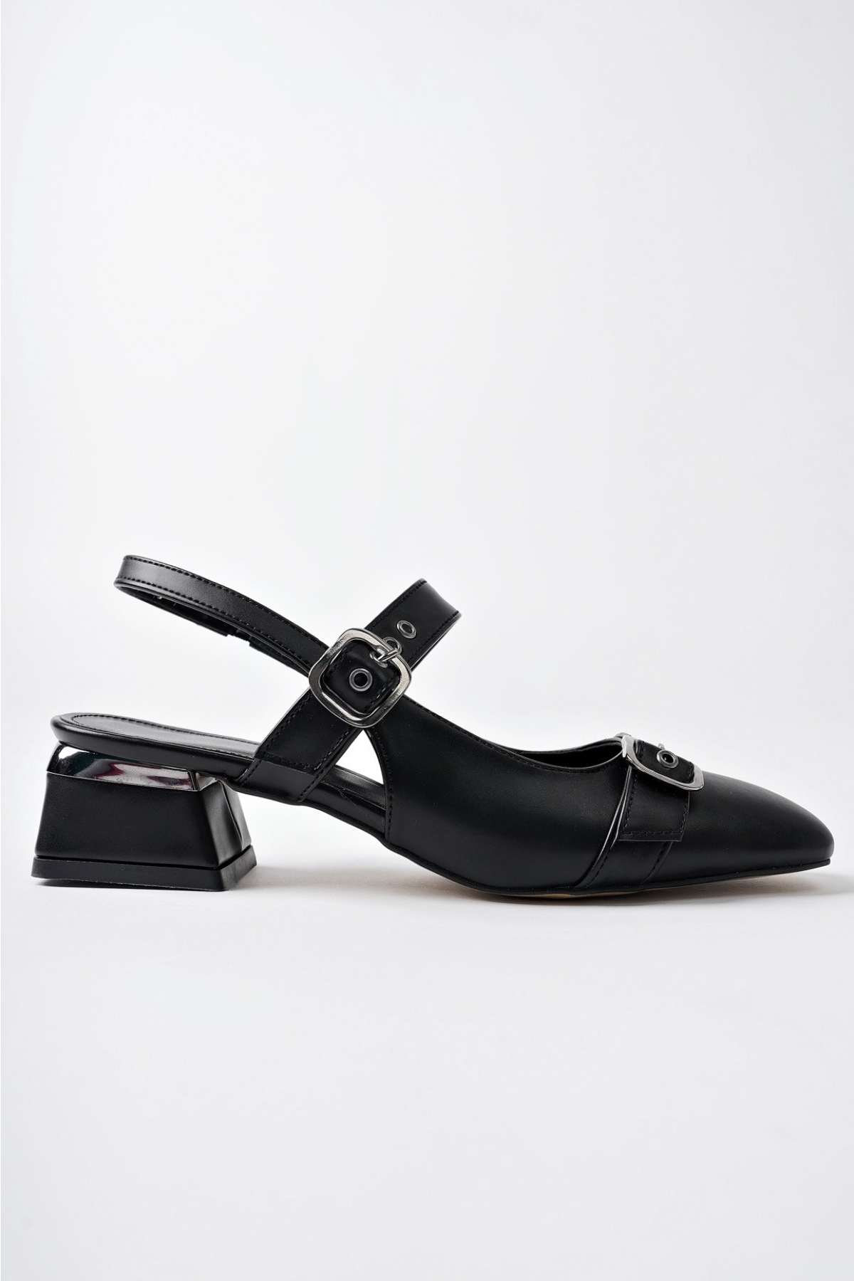 YUQİ Arkası Açık Küt Burun Çift Kemerli Kadın Günlük Klasik Kısa Topuklu Ayakkabı - Görsel 6