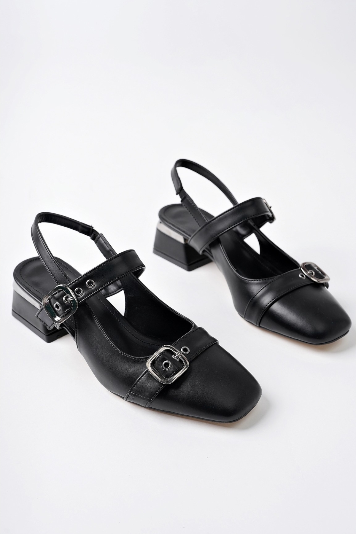 YUQİ Arkası Açık Küt Burun Çift Kemerli Kadın Günlük Klasik Kısa Topuklu Ayakkabı - Görsel 7