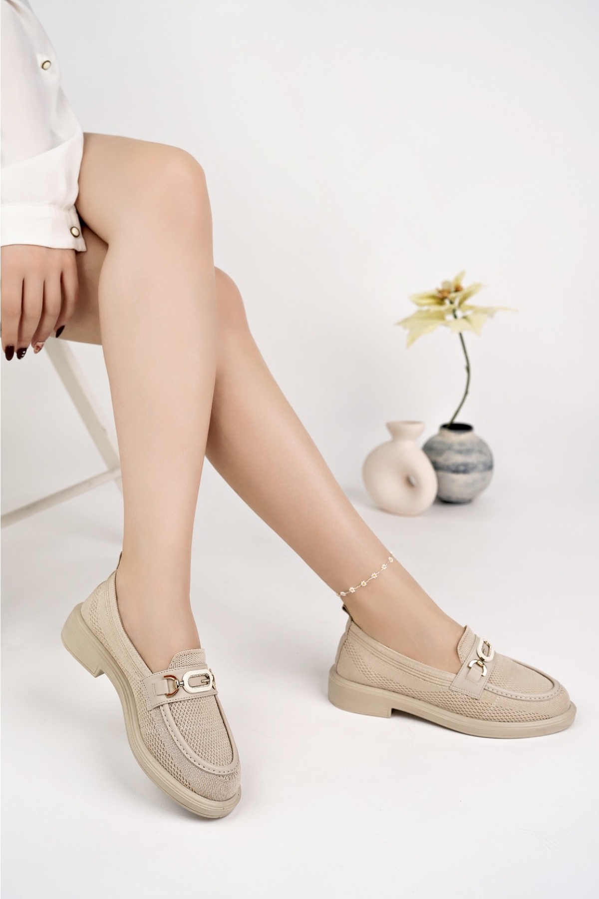 SAKURA Metal Tokalı Triko Kadın Loafer Günlük Makosen Ayakkabı - Görsel 2