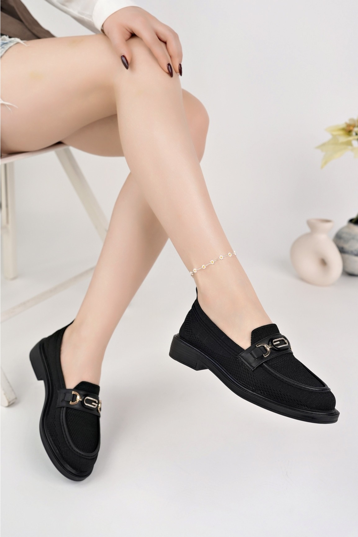 SAKURA Metal Tokalı Triko Kadın Loafer Günlük Makosen Ayakkabı - Görsel 4