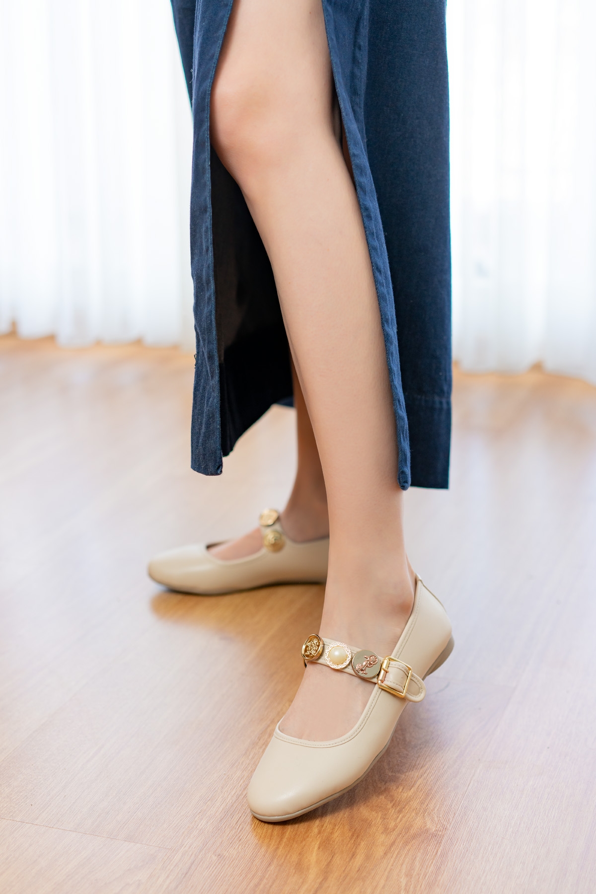 Myra Bej Bareti Aksesuarlı ( 1 cm Topuklu ) Baretli Yuvarlık Burun Babet - Görsel 5