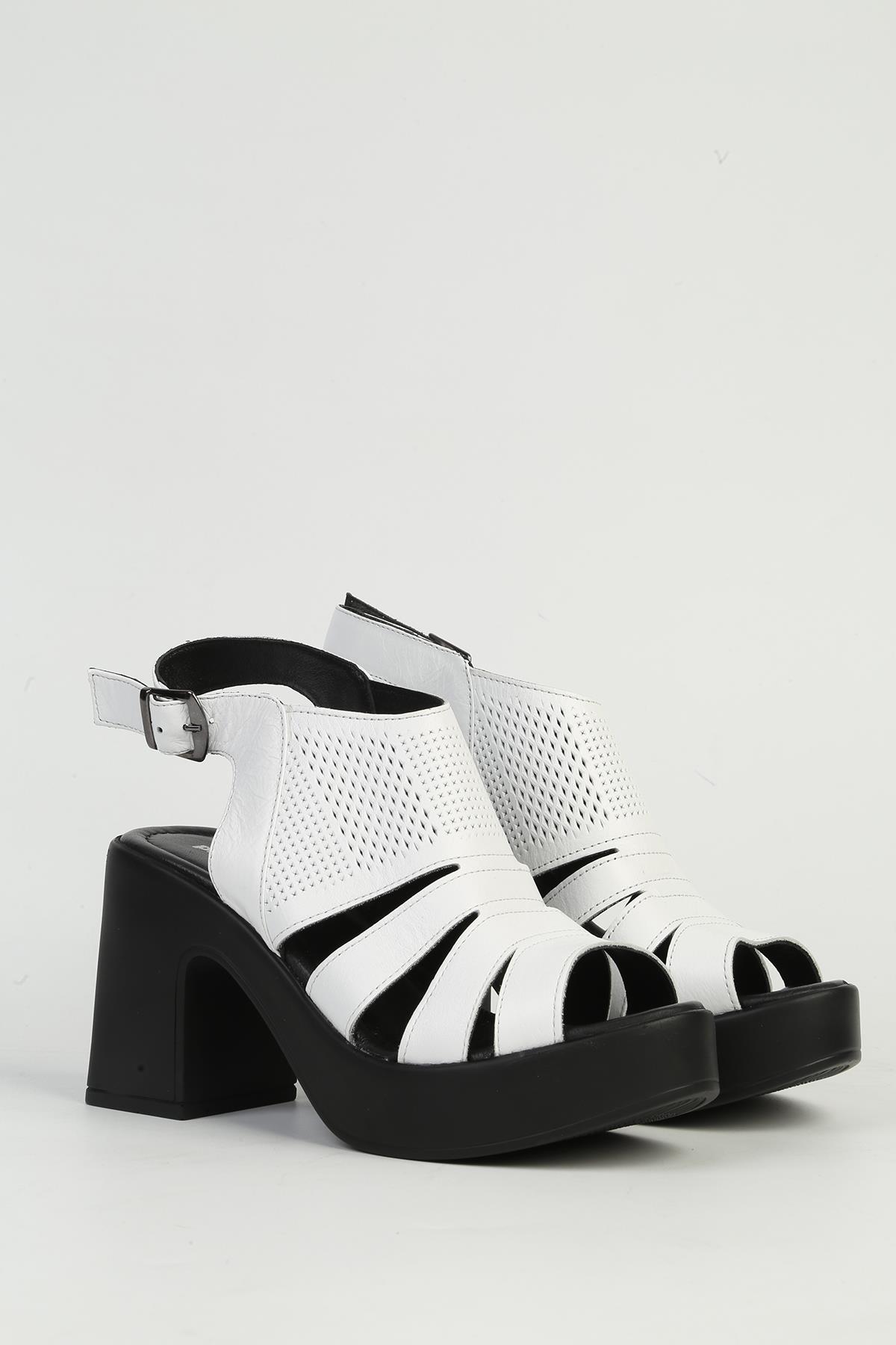 Beyaz Deri Kadın Topuklu Ayakkabı PC-54636 - Görsel 3