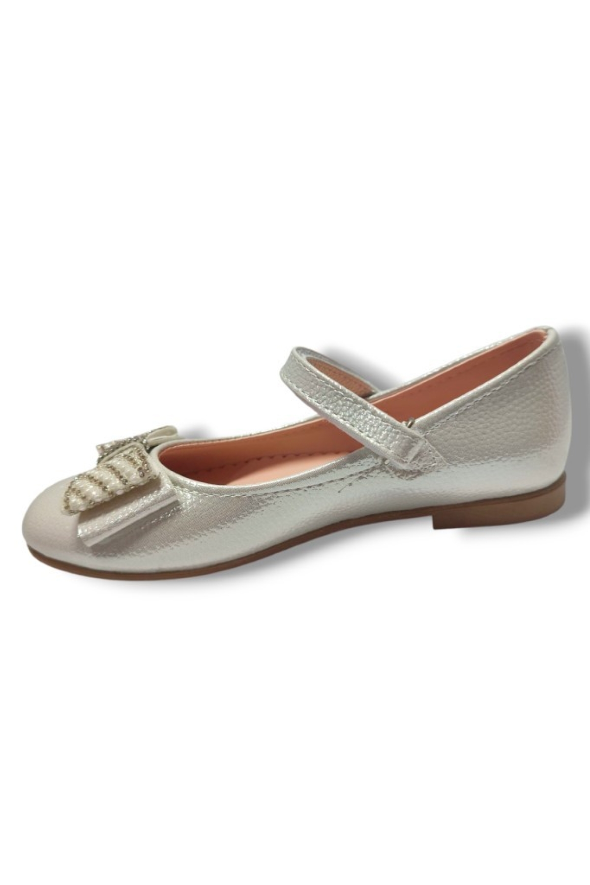 Parlak Baskı Deri Taşlı Fiyonk Cırt Bantlı Kız Çocuk Babet 31-36 - Görsel 3