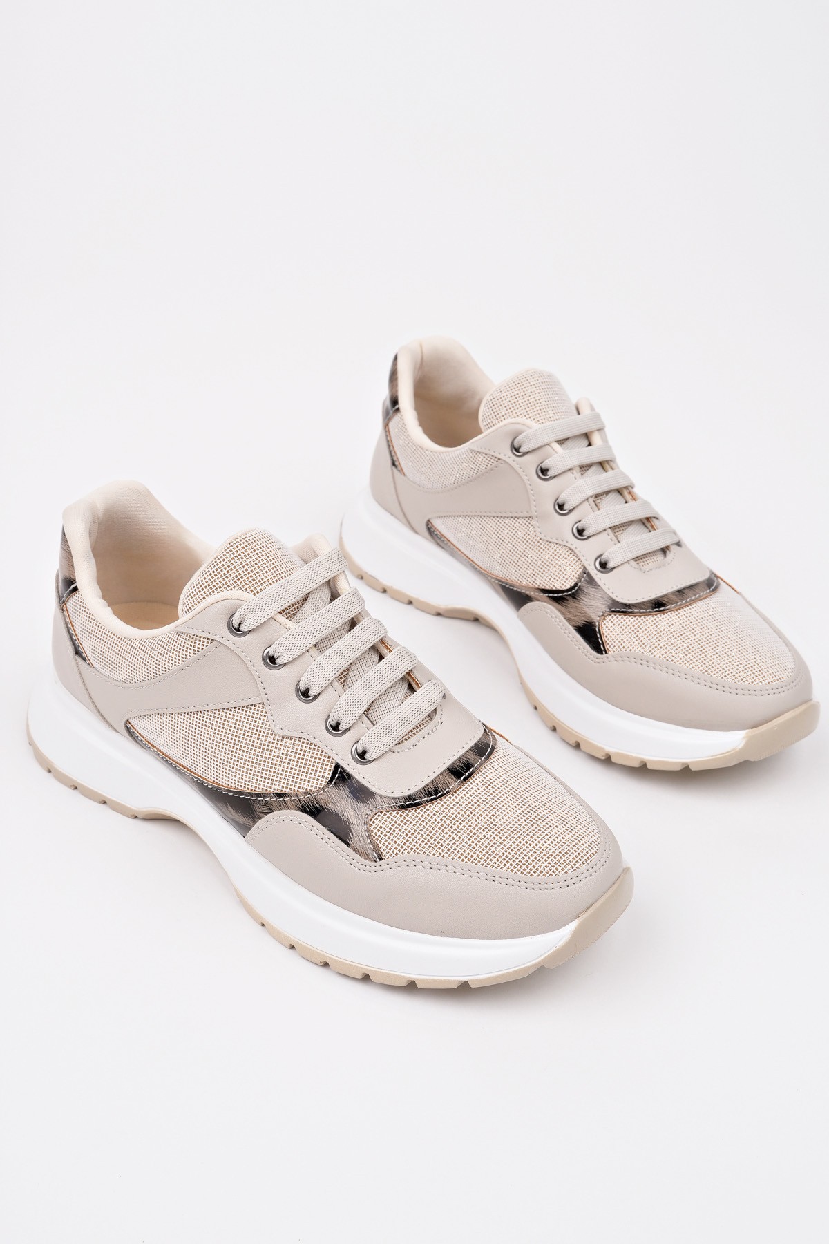 MELODY Kadın Kalın Taban Günlük Leopar Desenli Bağcıklı Sneaker Spor Ayakkabı - Görsel 3