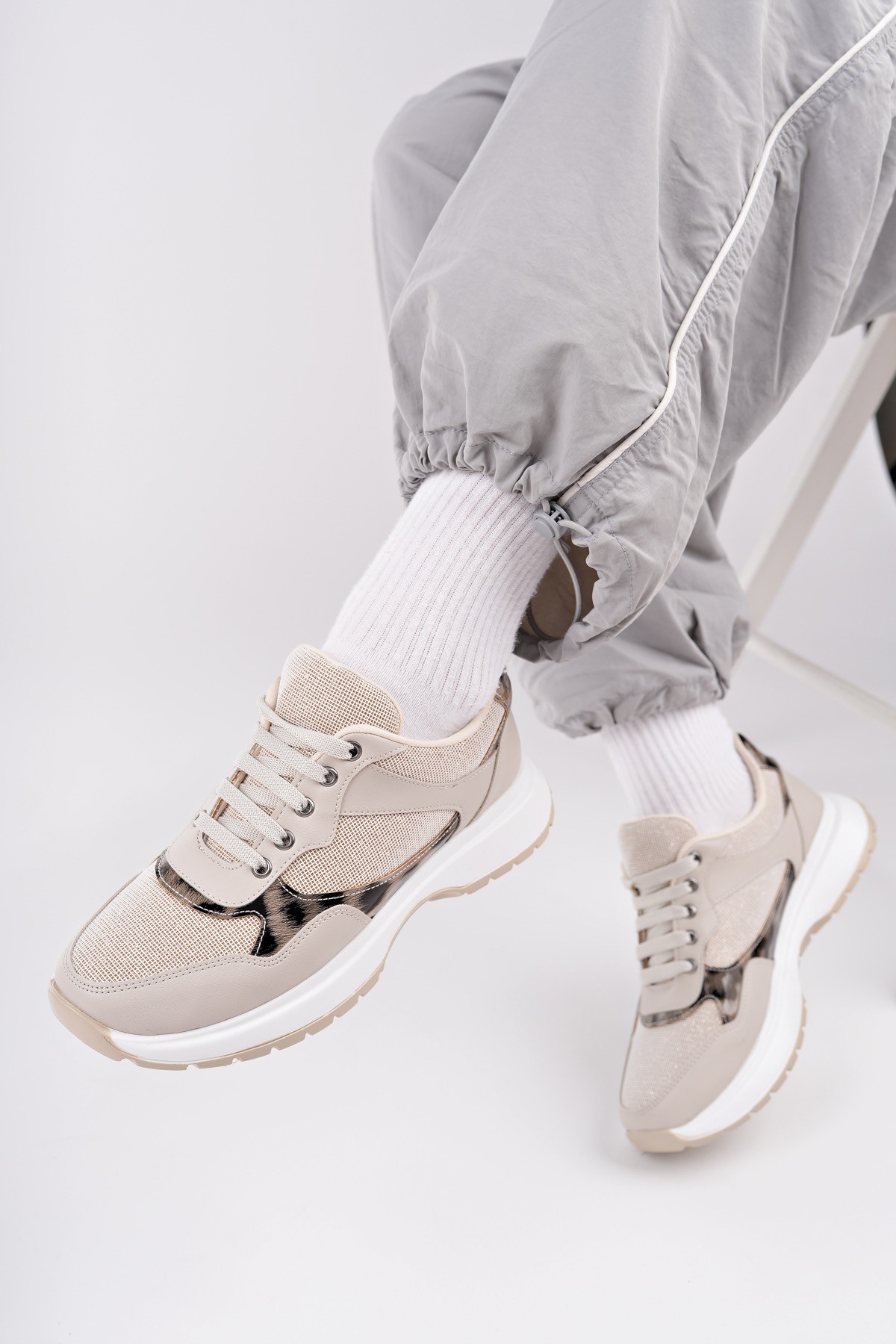 MELODY Kadın Kalın Taban Günlük Leopar Desenli Bağcıklı Sneaker Spor Ayakkabı - Görsel 7