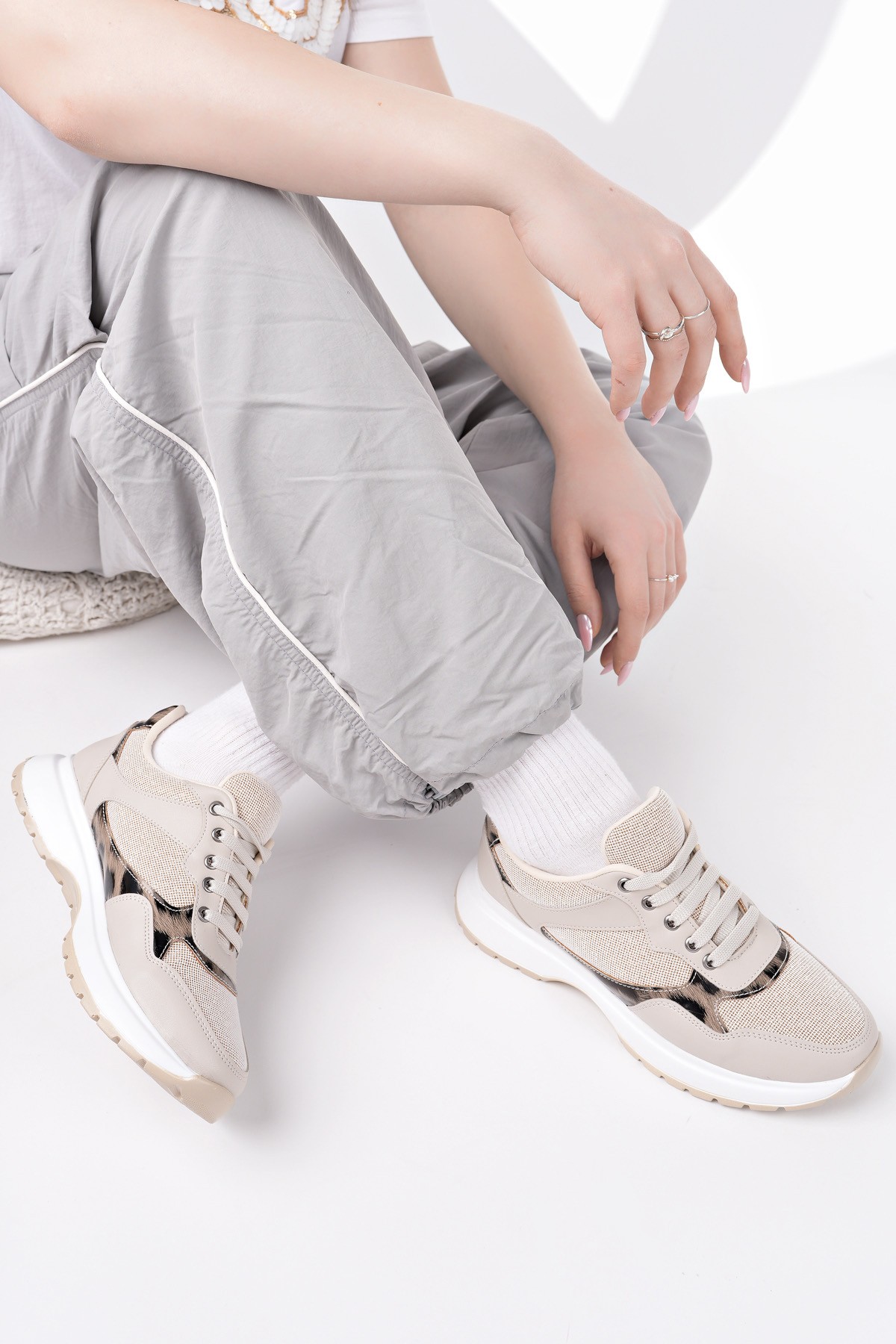 MELODY Kadın Kalın Taban Günlük Leopar Desenli Bağcıklı Sneaker Spor Ayakkabı - Görsel 8