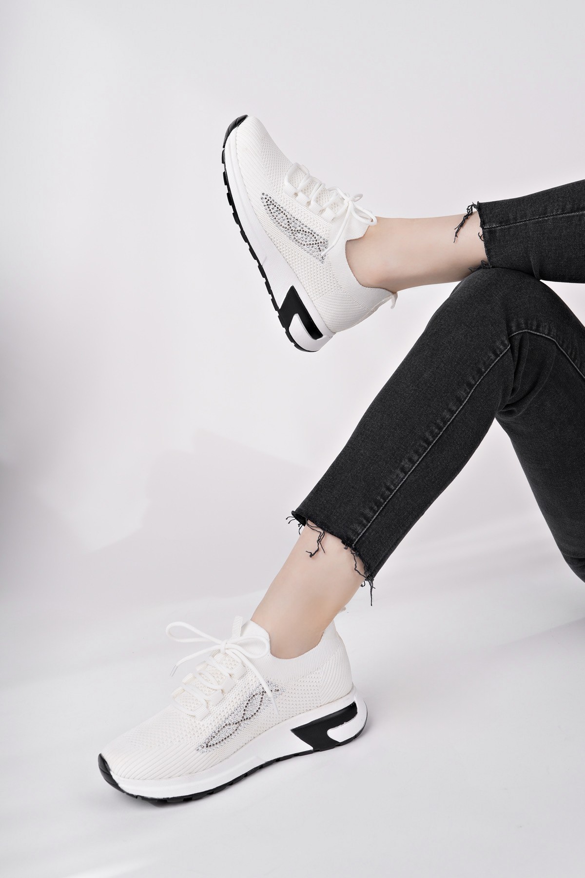 MARTHA Kadın Kalın Taban Günlük Triko Taşlı Bağcıklı Sneaker Spor Ayakkabı - Görsel 3