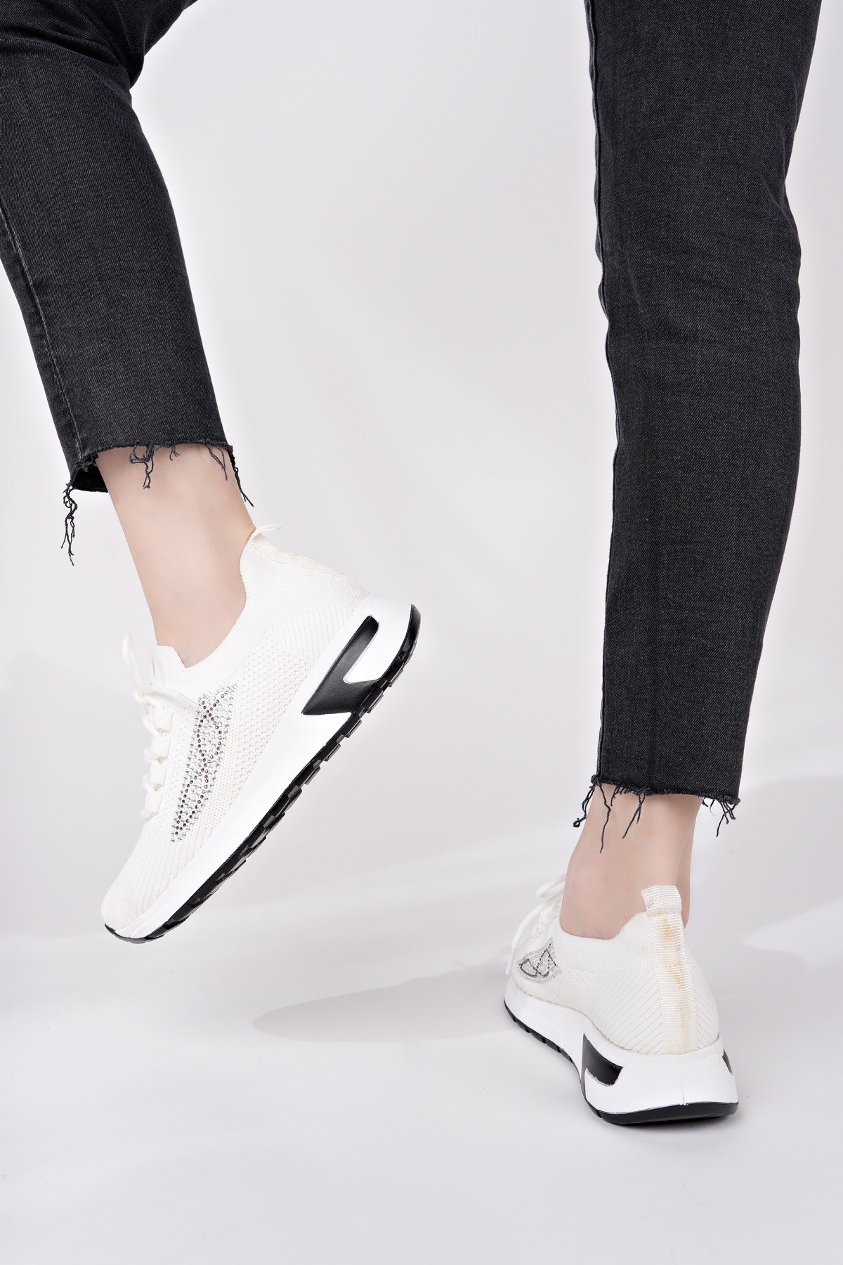 MARTHA Kadın Kalın Taban Günlük Triko Taşlı Bağcıklı Sneaker Spor Ayakkabı - Görsel 4