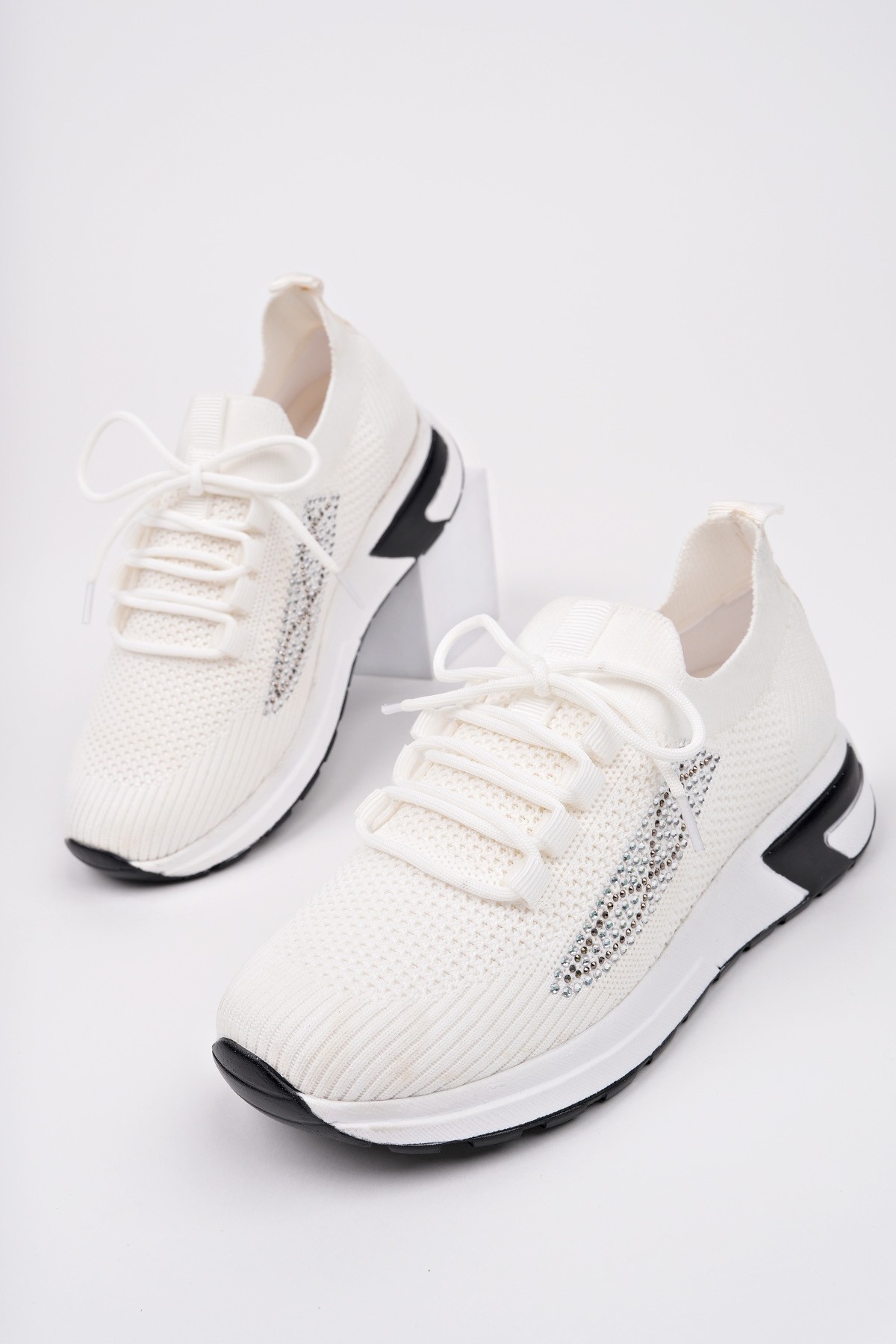 MARTHA Kadın Kalın Taban Günlük Triko Taşlı Bağcıklı Sneaker Spor Ayakkabı - Görsel 8