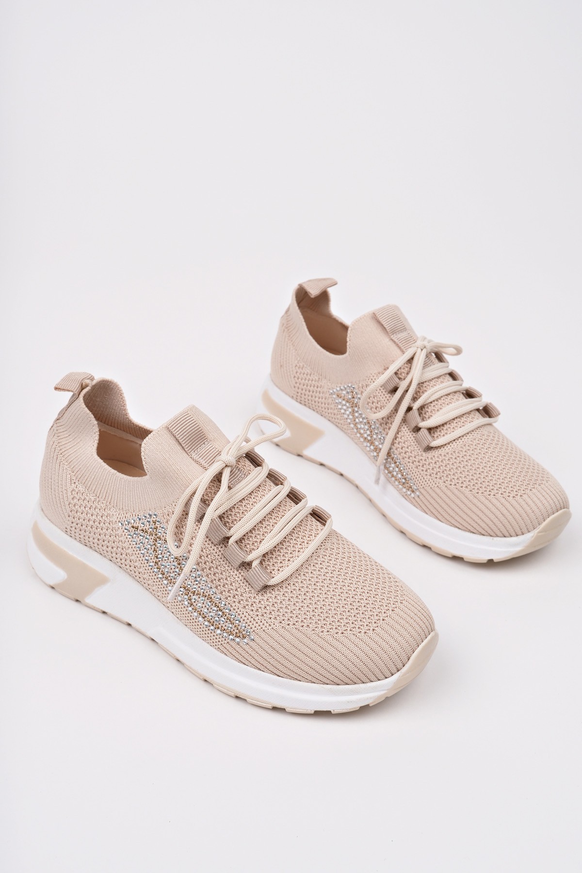 MARTHA Kadın Kalın Taban Günlük Triko Taşlı Bağcıklı Sneaker Spor Ayakkabı - Görsel 3