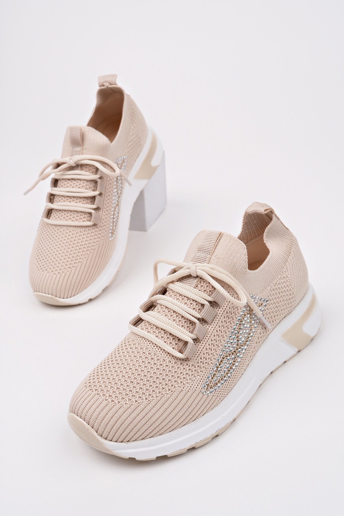 MARTHA Kadın Kalın Taban Günlük Triko Taşlı Bağcıklı Sneaker Spor Ayakkabı - Görsel 4