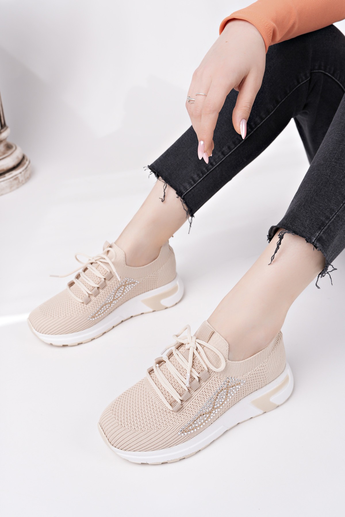 MARTHA Kadın Kalın Taban Günlük Triko Taşlı Bağcıklı Sneaker Spor Ayakkabı - Görsel 6