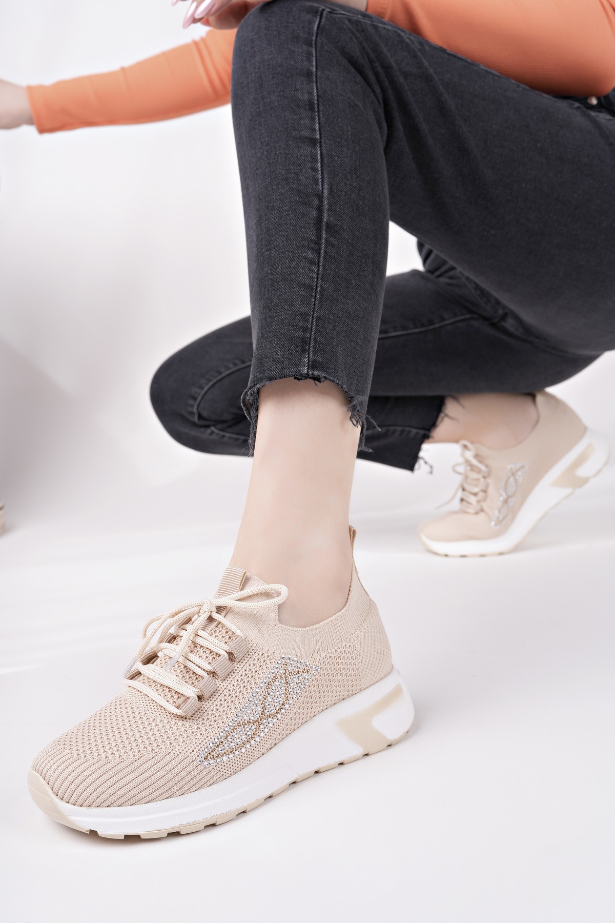 MARTHA Kadın Kalın Taban Günlük Triko Taşlı Bağcıklı Sneaker Spor Ayakkabı - Görsel 7