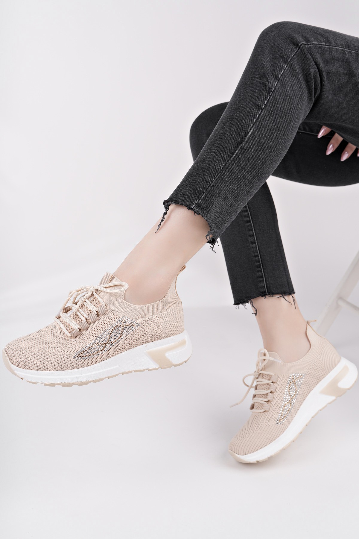 MARTHA Kadın Kalın Taban Günlük Triko Taşlı Bağcıklı Sneaker Spor Ayakkabı - Görsel 8