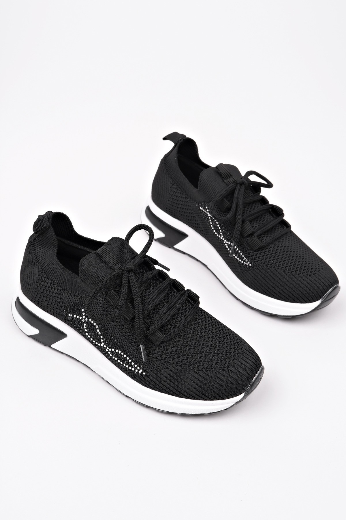 MARTHA Kadın Kalın Taban Günlük Triko Taşlı Bağcıklı Sneaker Spor Ayakkabı - Görsel 3