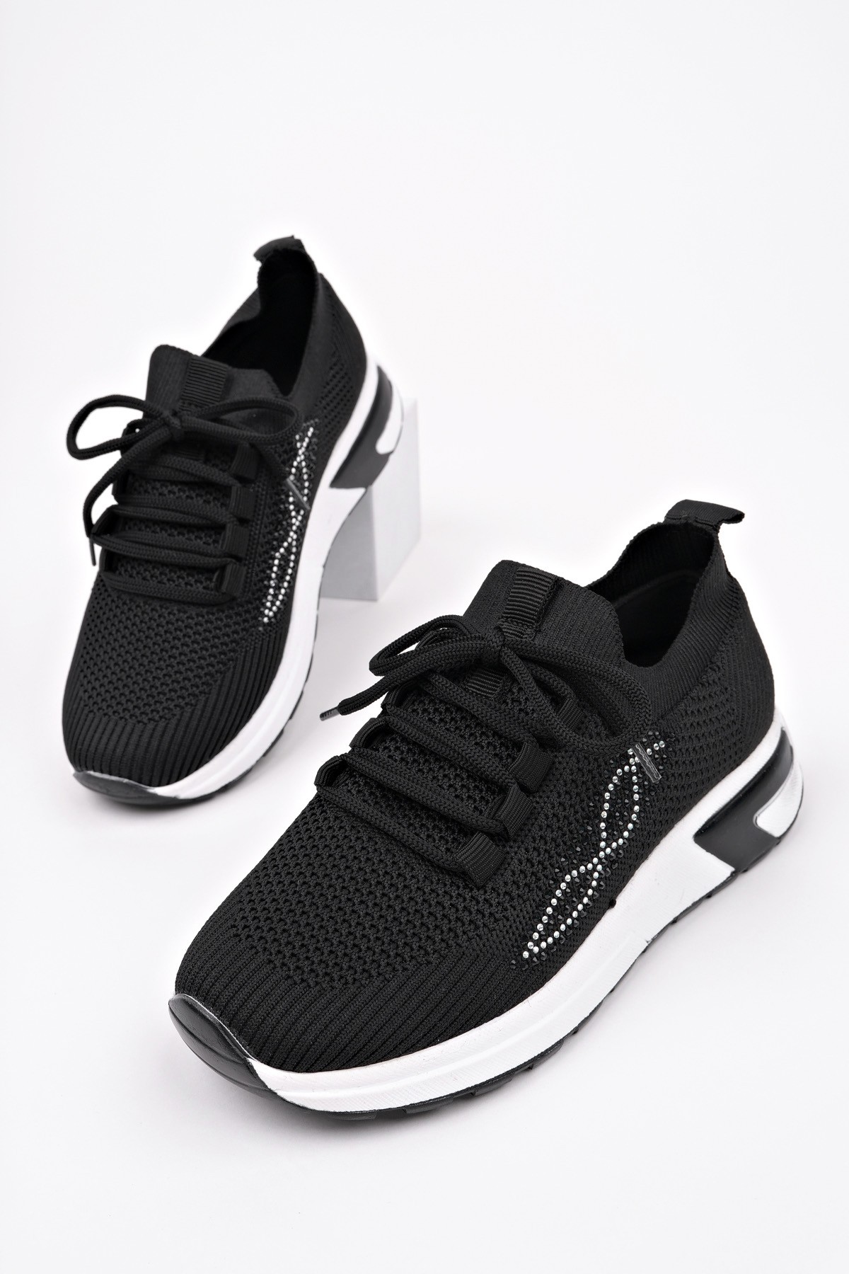 MARTHA Kadın Kalın Taban Günlük Triko Taşlı Bağcıklı Sneaker Spor Ayakkabı - Görsel 4