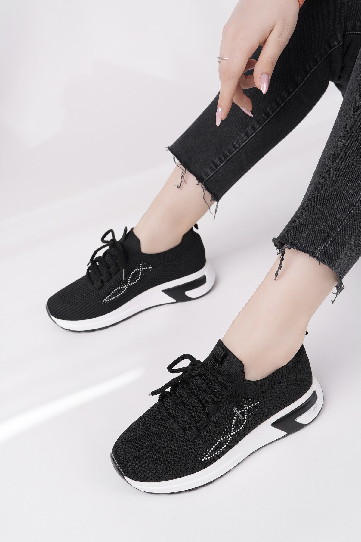 MARTHA Kadın Kalın Taban Günlük Triko Taşlı Bağcıklı Sneaker Spor Ayakkabı - Görsel 6