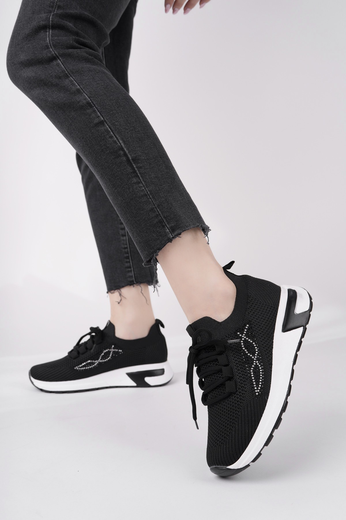 MARTHA Kadın Kalın Taban Günlük Triko Taşlı Bağcıklı Sneaker Spor Ayakkabı - Görsel 7