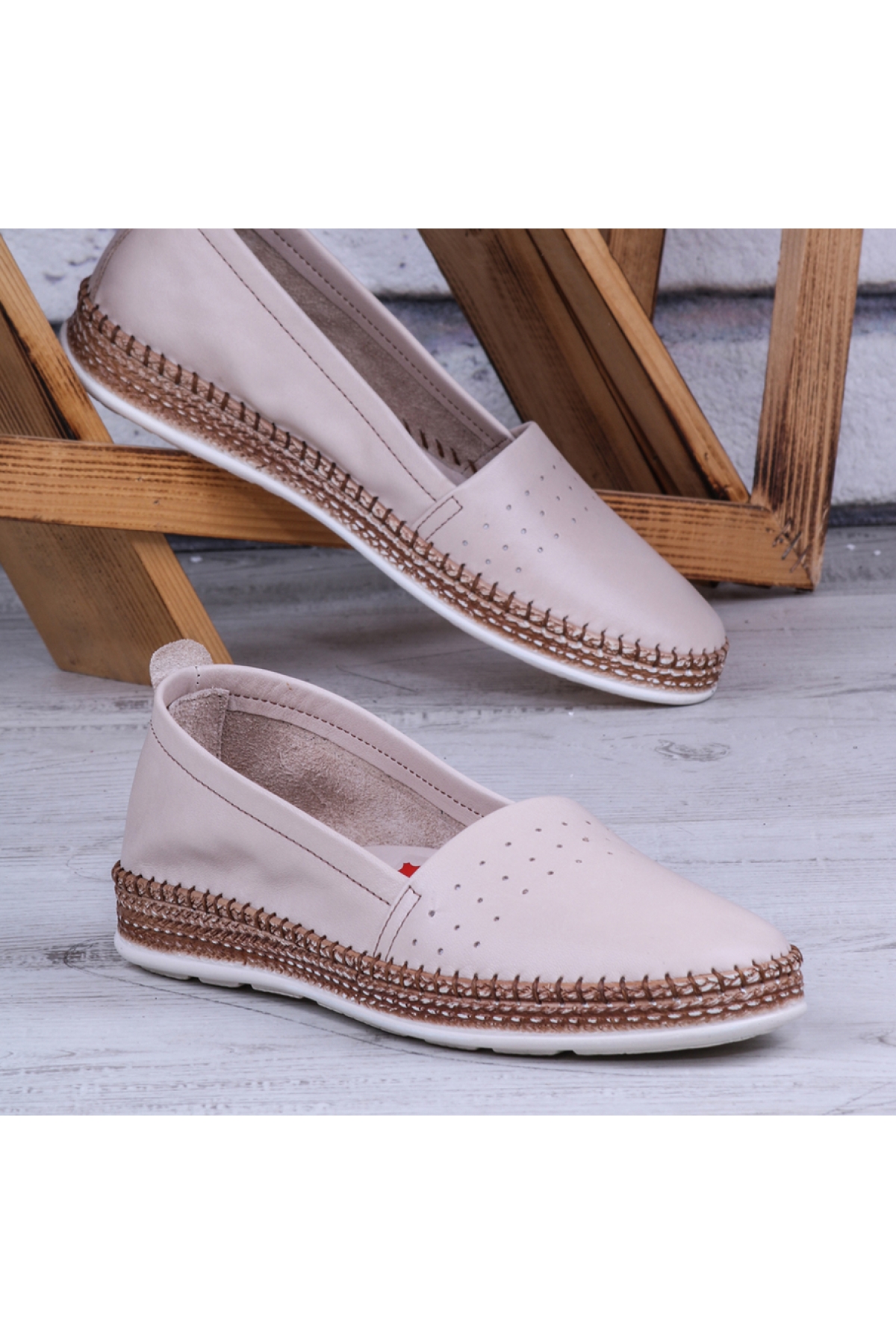 Herna Hakiki Deri Babet Kadın Ayakkabı Bej - Görsel 2